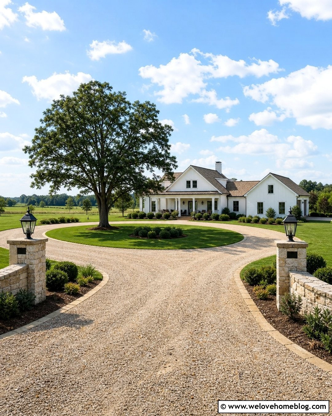 Circular Rural Driveway Entrance With Stone Columns - 25 Rural Driveway Entrance Ideas