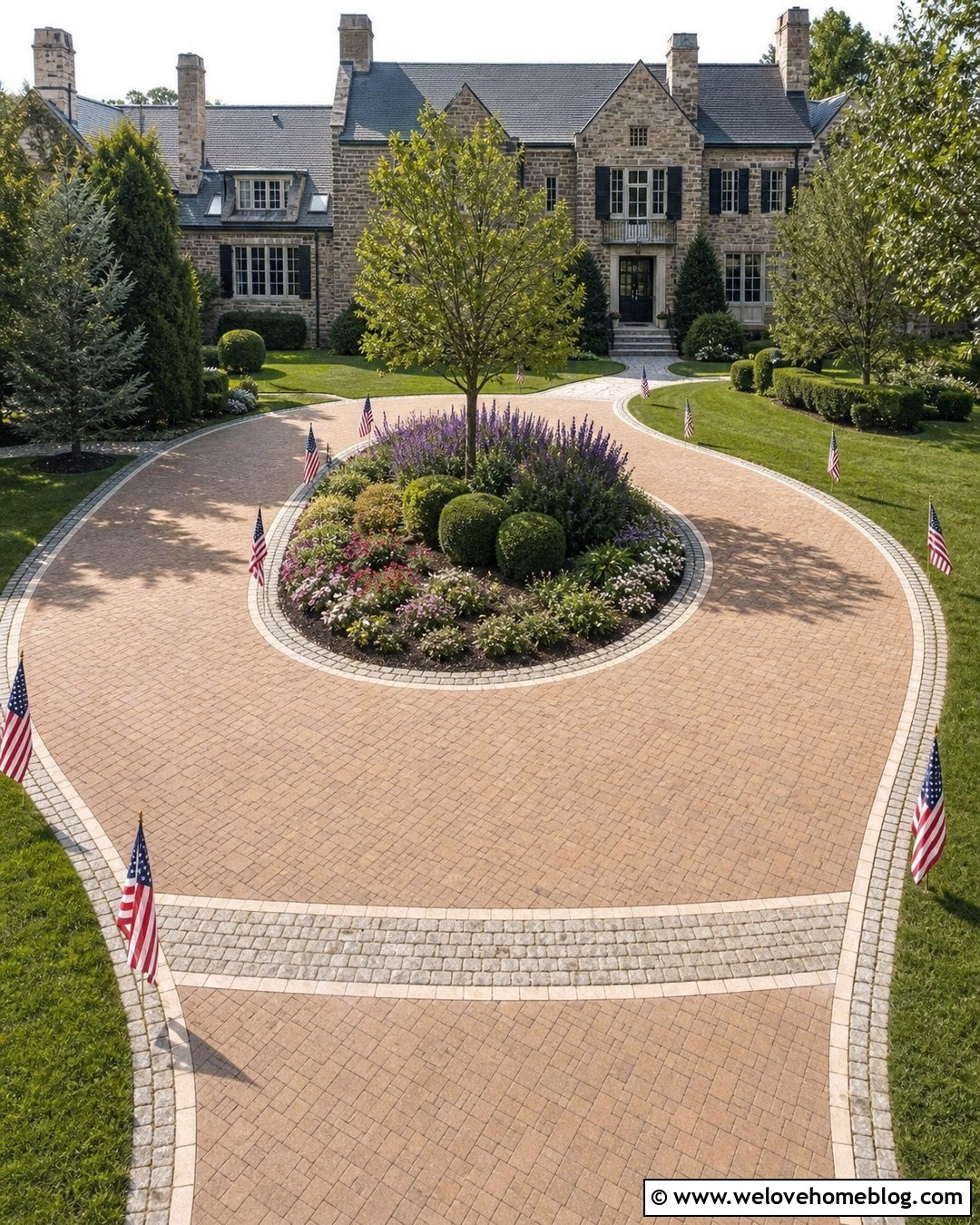 Circular Sandstone Flagged Driveway With A Center Garden - 20 Flagged Driveway Ideas