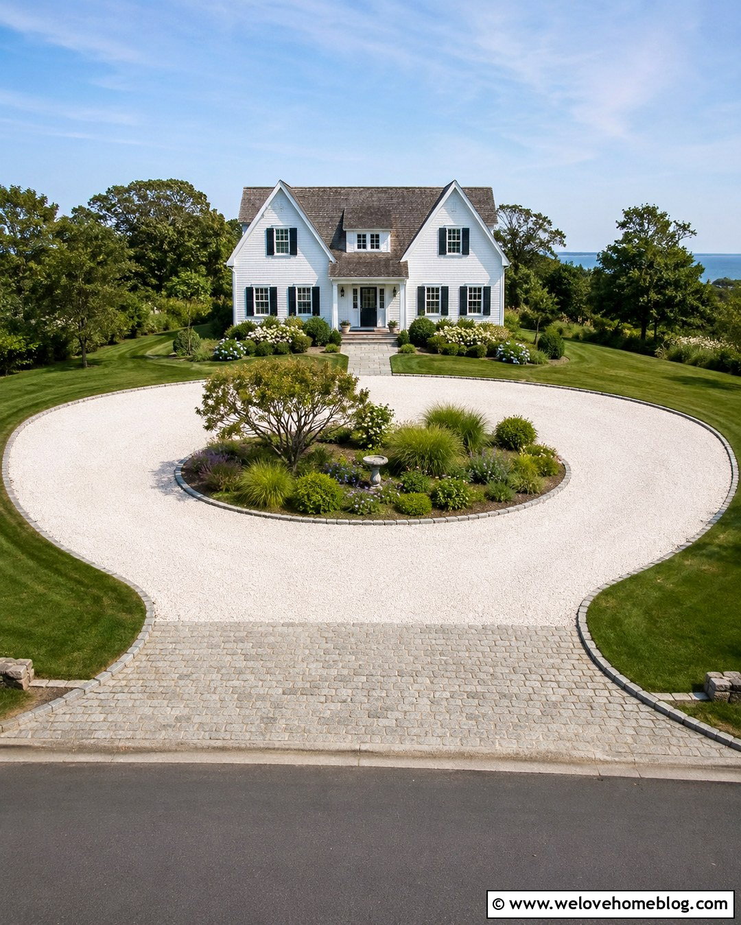 Circular Seashell Driveway With Center Garden - 20 Seashell Driveway Ideas