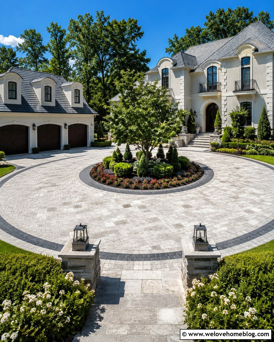Circular Silver Travertine Driveway With Center Island - 20 silver travertine pavers driveway ideas