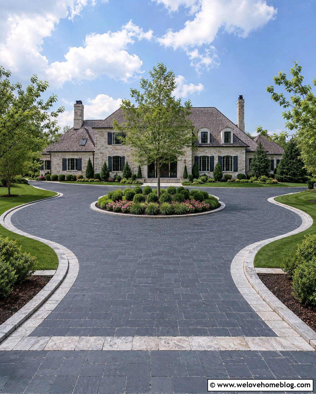 Circular Slate Driveway With Center Island - 20 Slate Driveway Ideas