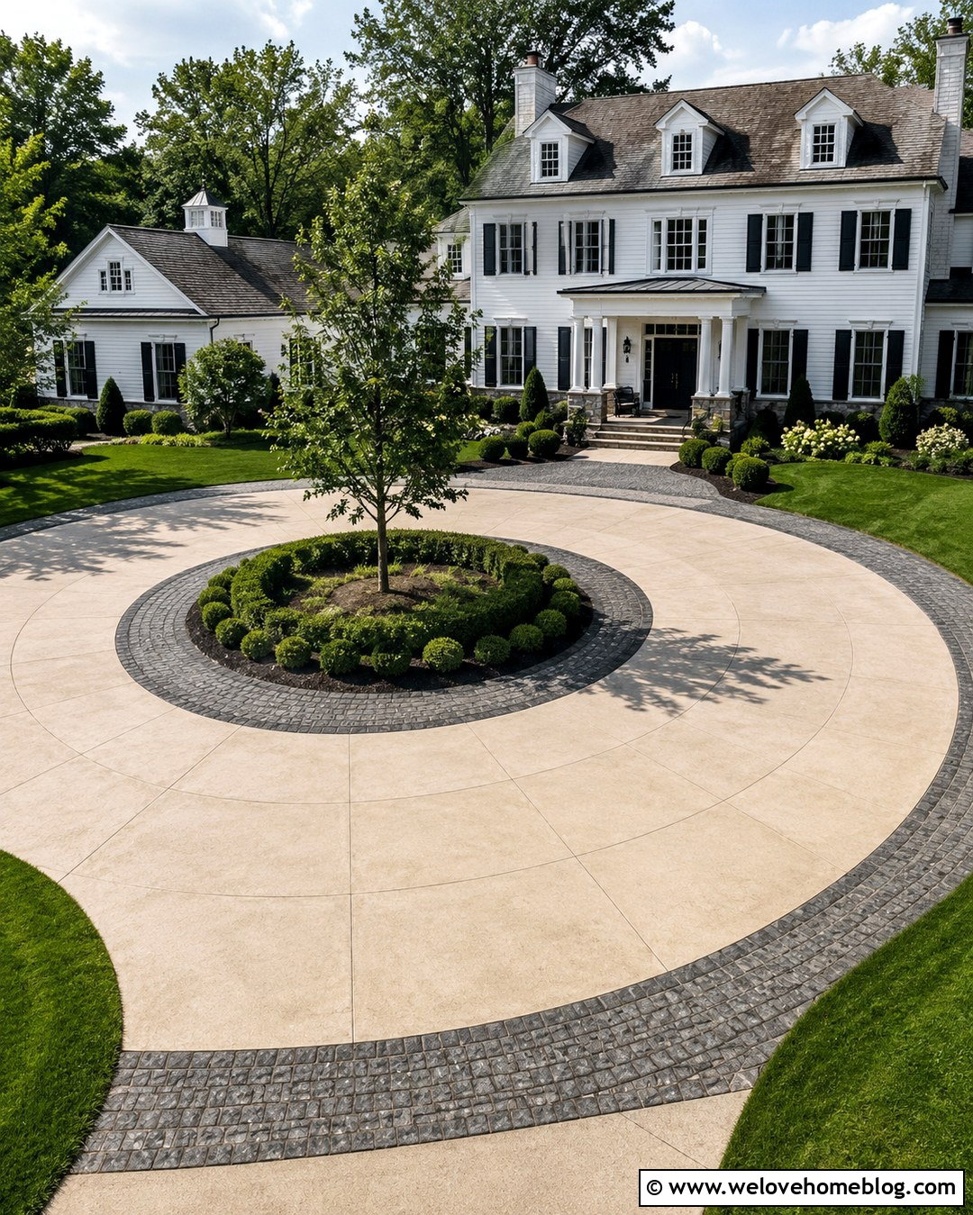 Circular Stamped Concrete Driveway Border With Center Island - 20 Stamped Concrete Driveway Border Ideas