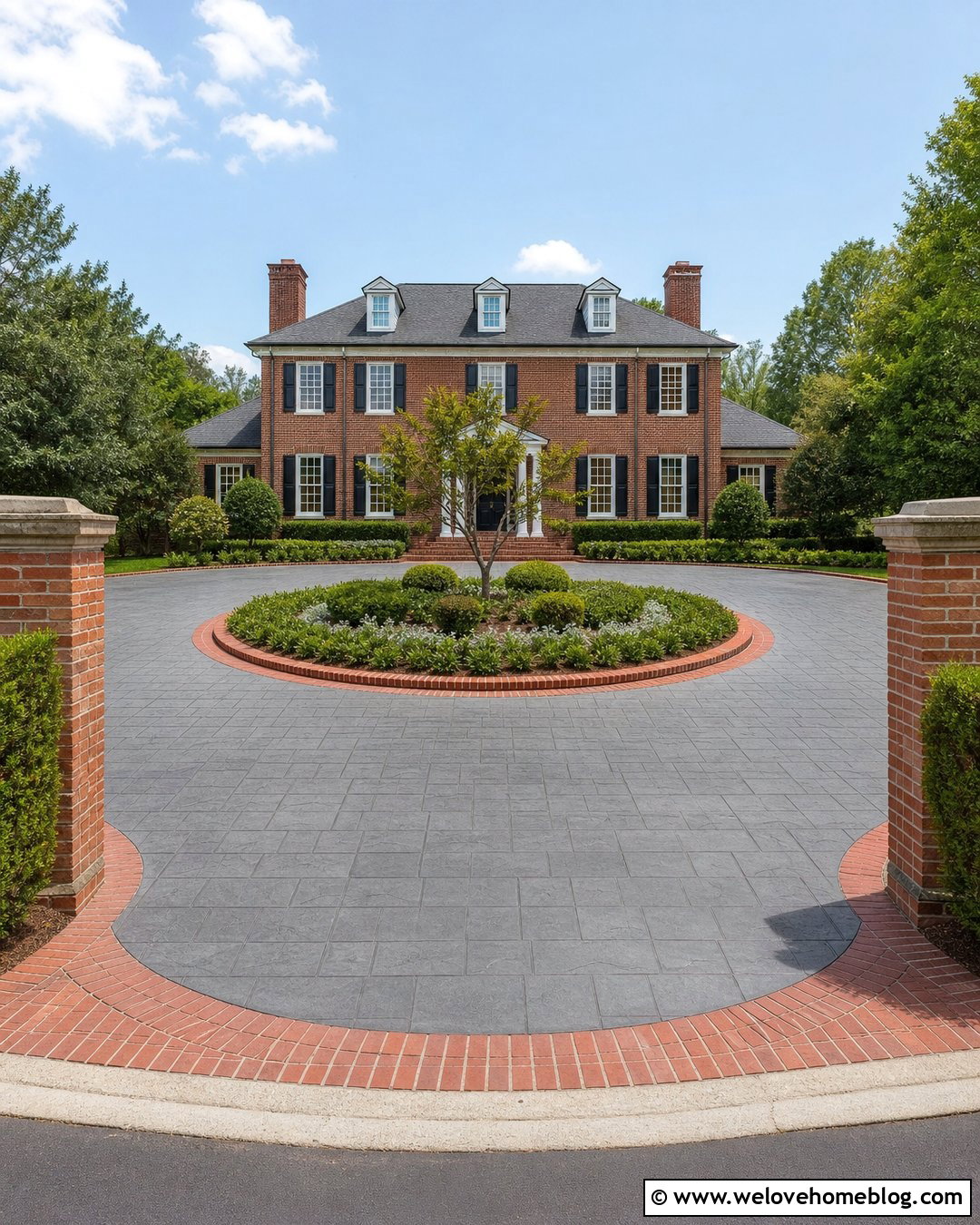 Circular Stamped Concrete Driveway With Brick Center Island - 20 stamped concrete driveway with brick border ideas