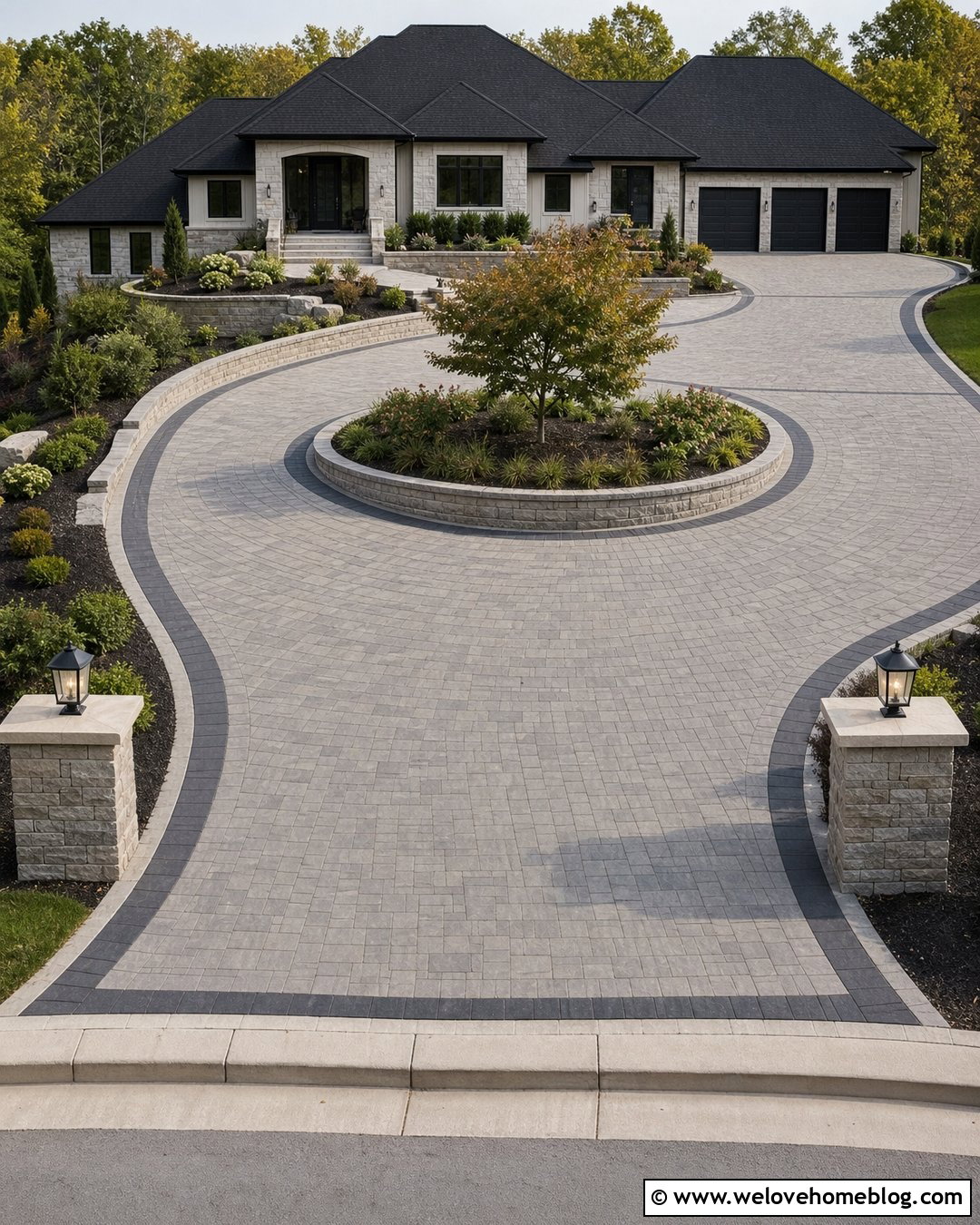 Circular Terraced Driveway With Center Landscaping - 20 Terraced Driveways Ideas