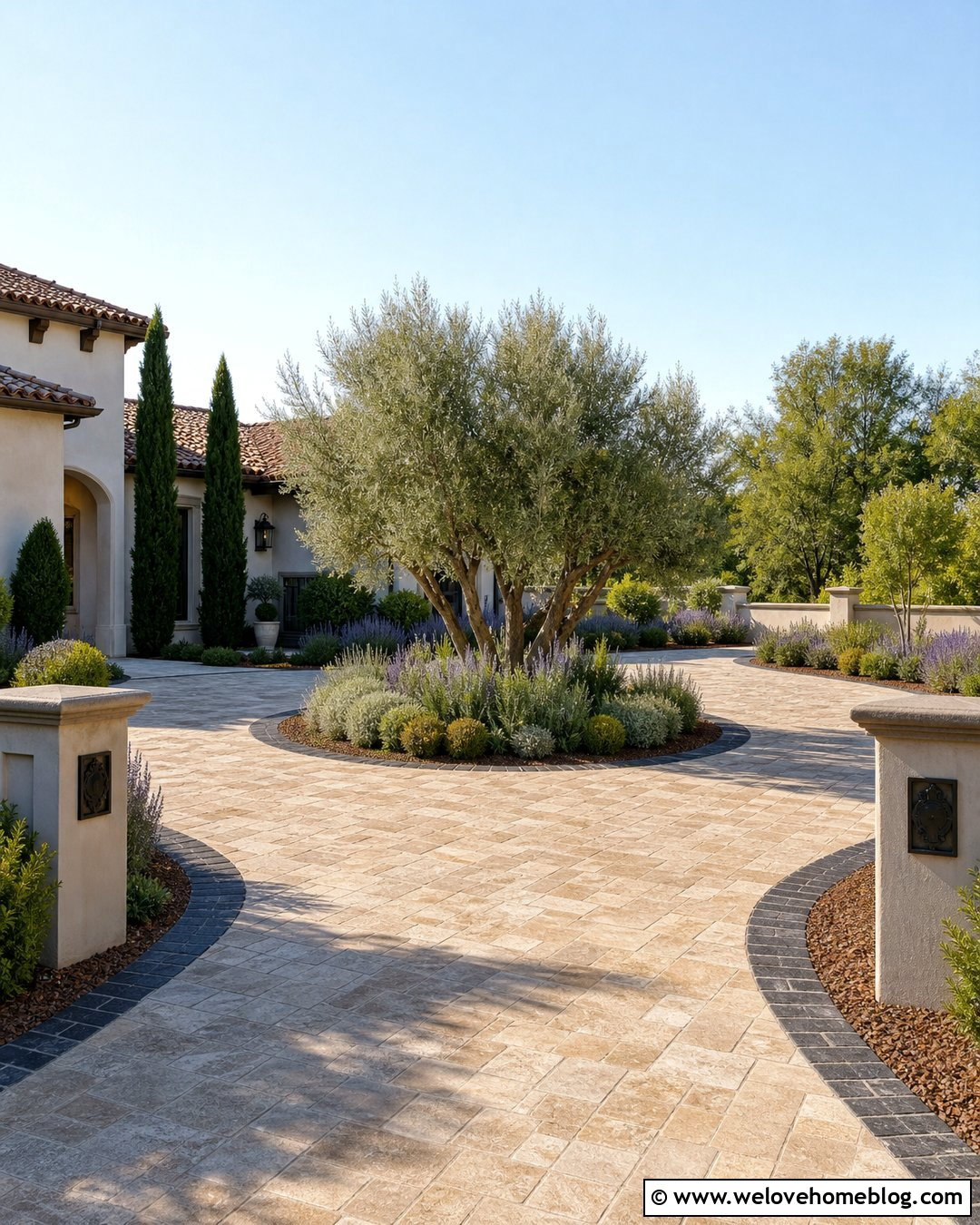 Circular Travertine Driveway With Mediterranean Planting - 20 driveway front yard landscaping circular ideas