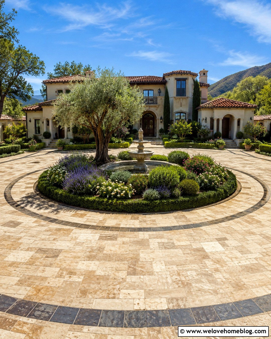 Circular Travertine Tuscan Driveway - 20 Tuscan Driveway Ideas