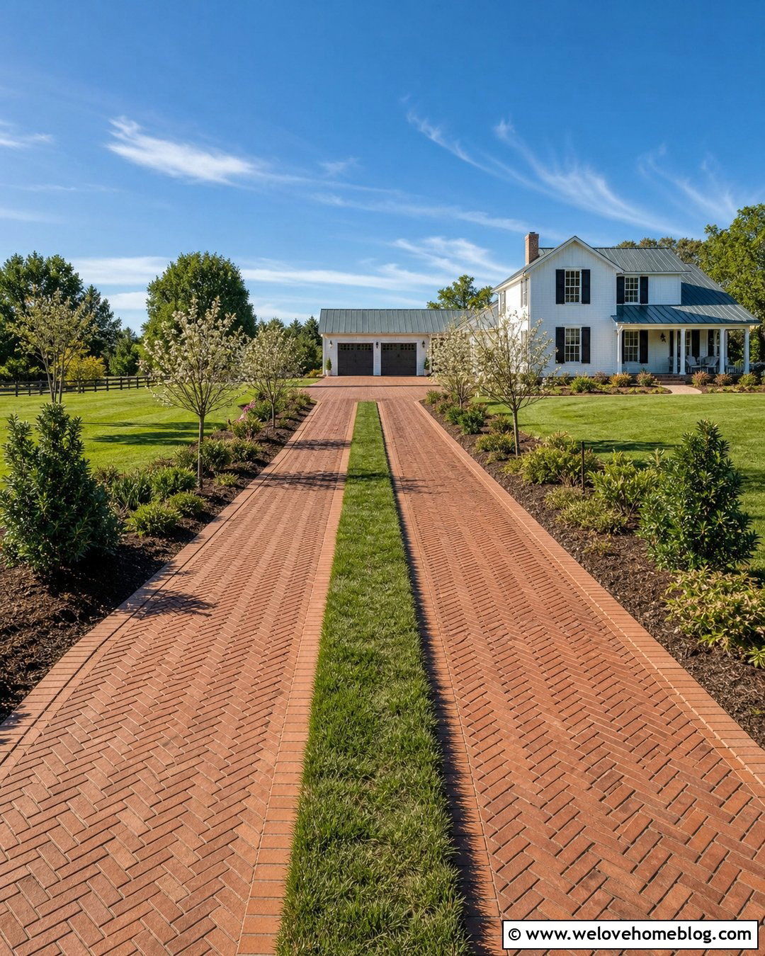 Clay Paver Ribbon Driveway With Grass Center - 20 Clay Pavers Driveway Ideas