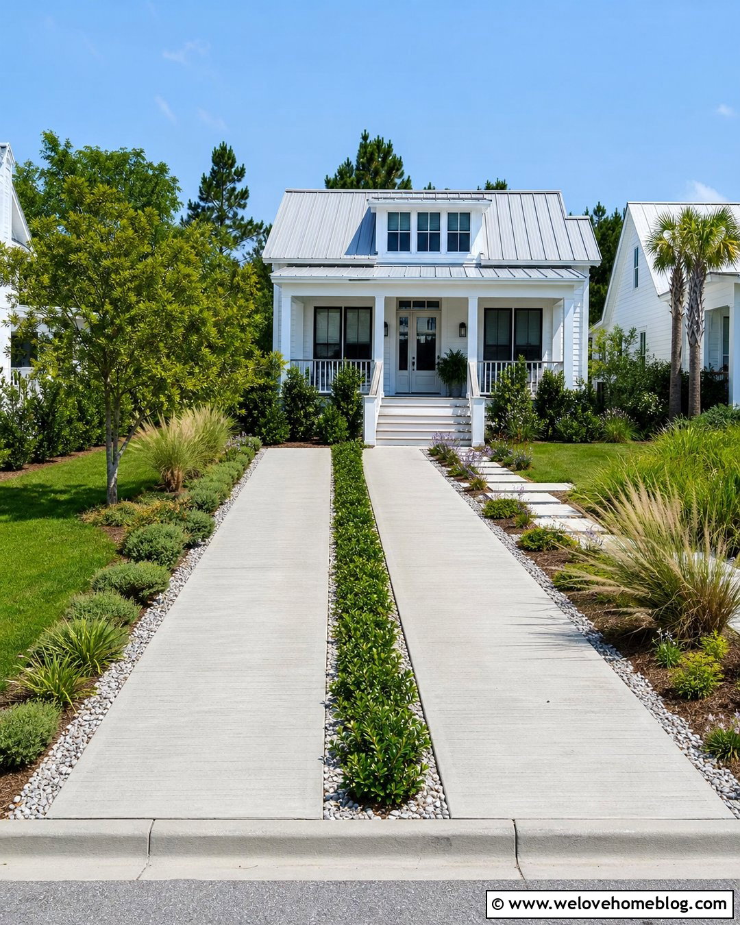 Coastal Concrete Driveway With Grass Strips - 20 Coastal Driveway Landscaping Ideas