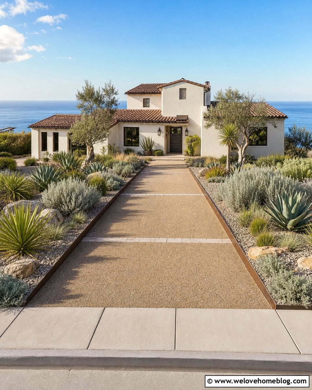 Coastal Decomposed Granite Driveway With Agave - 20 Coastal Driveway Landscaping Ideas