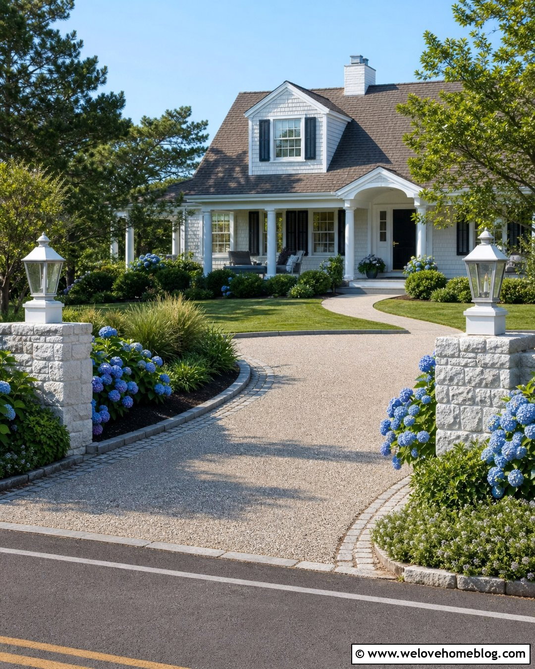 Coastal Driveway Entrance With Blue Hydrangeas - 25 Beautiful Driveways Entrance Landscaping Ideas