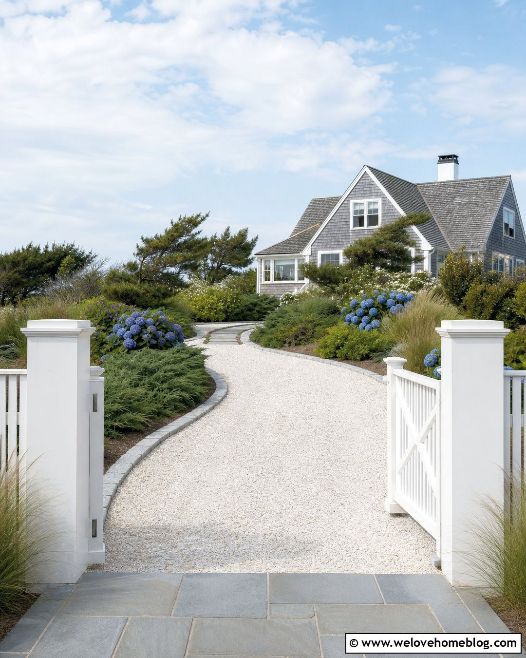 Coastal Driveway Entrance With Shell Gravel - 25 House Driveway Entrance Ideas