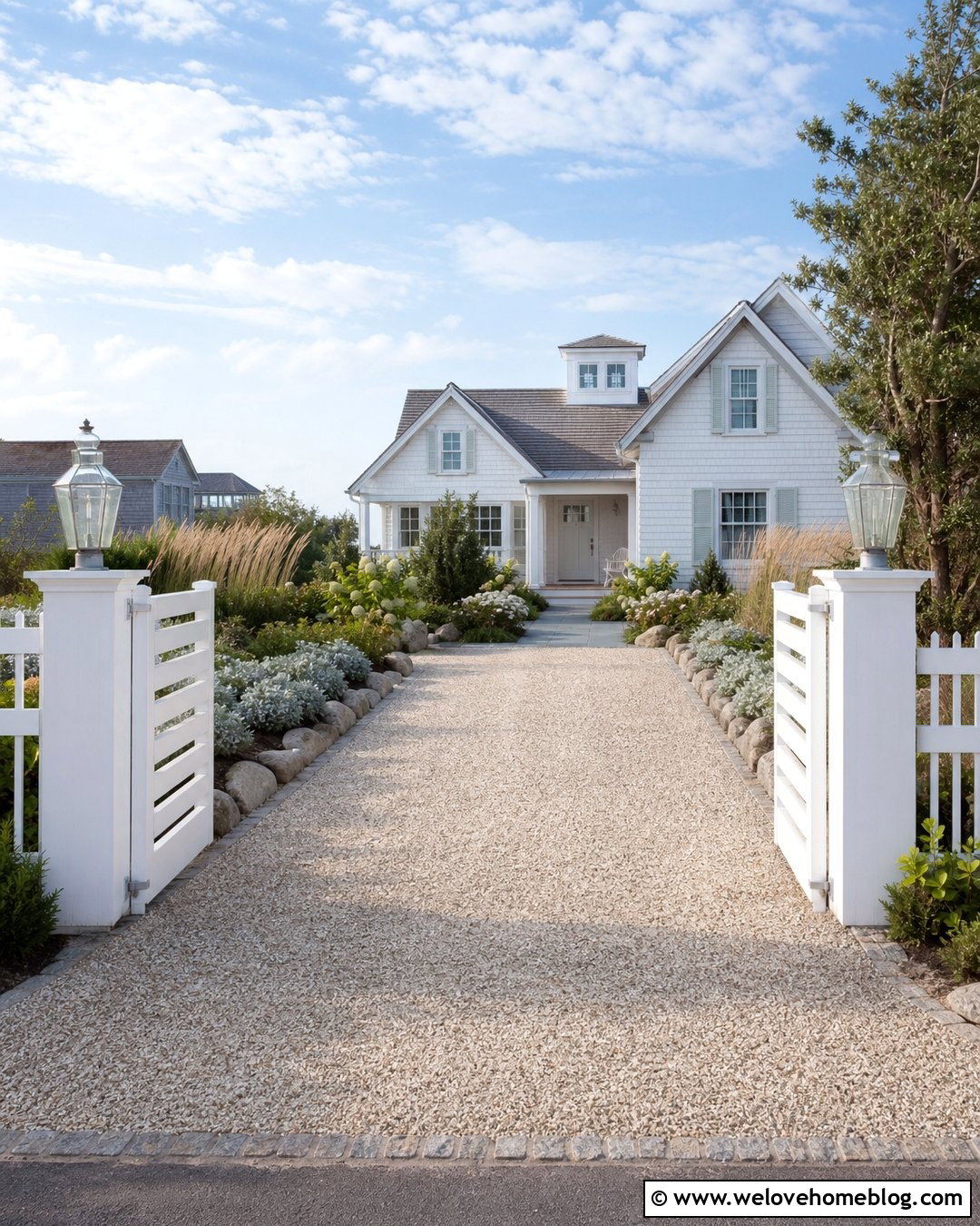 Coastal Driveway Entrance With White Gate - 20 Entryway Driveway Ideas