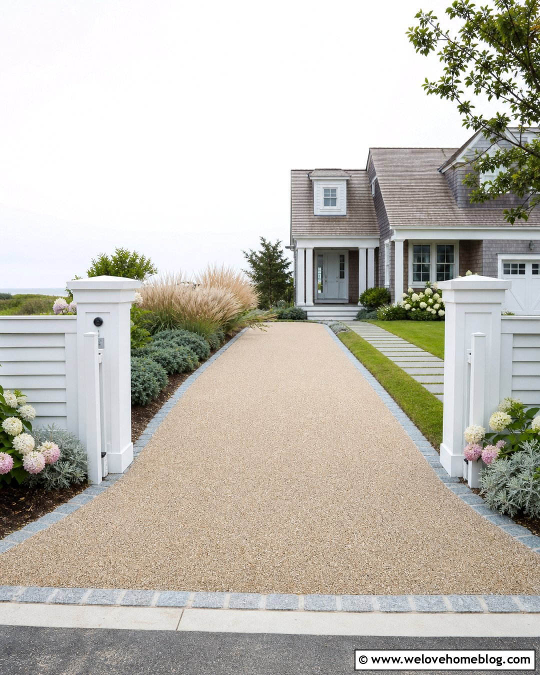 Coastal Driveway Entry Fence With White Slats - 20 Driveway Entry Fence Ideas