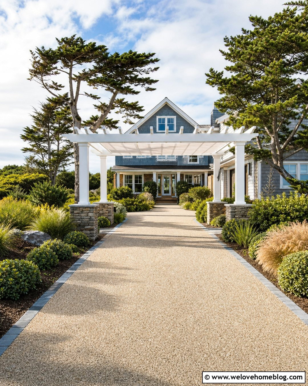 Coastal Driveway Shade With White Pergola - 25 Driveway Shade Ideas