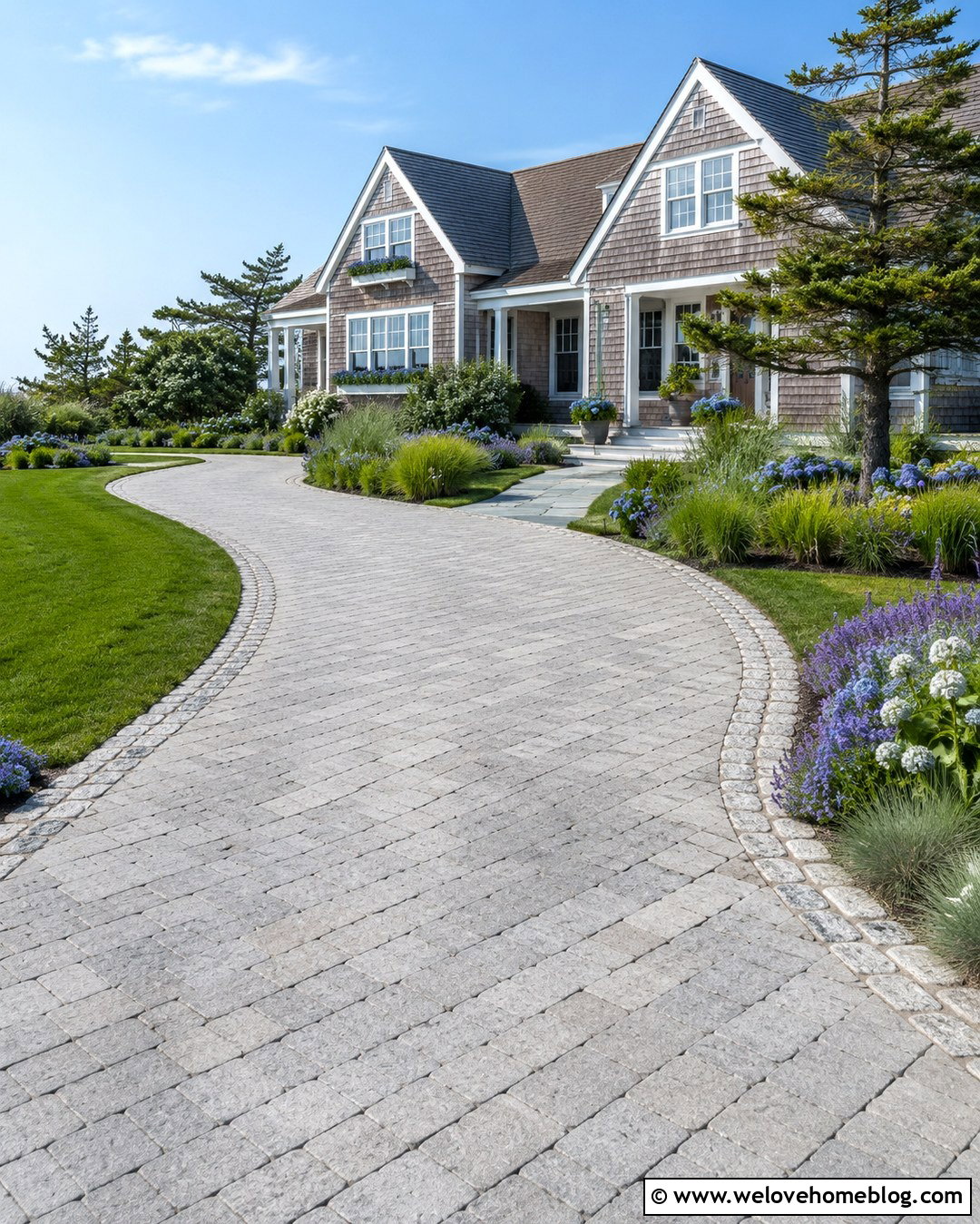 Coastal Driveway With Blue And White Planting - 20 Sunlit Driveway Landscaping Ideas