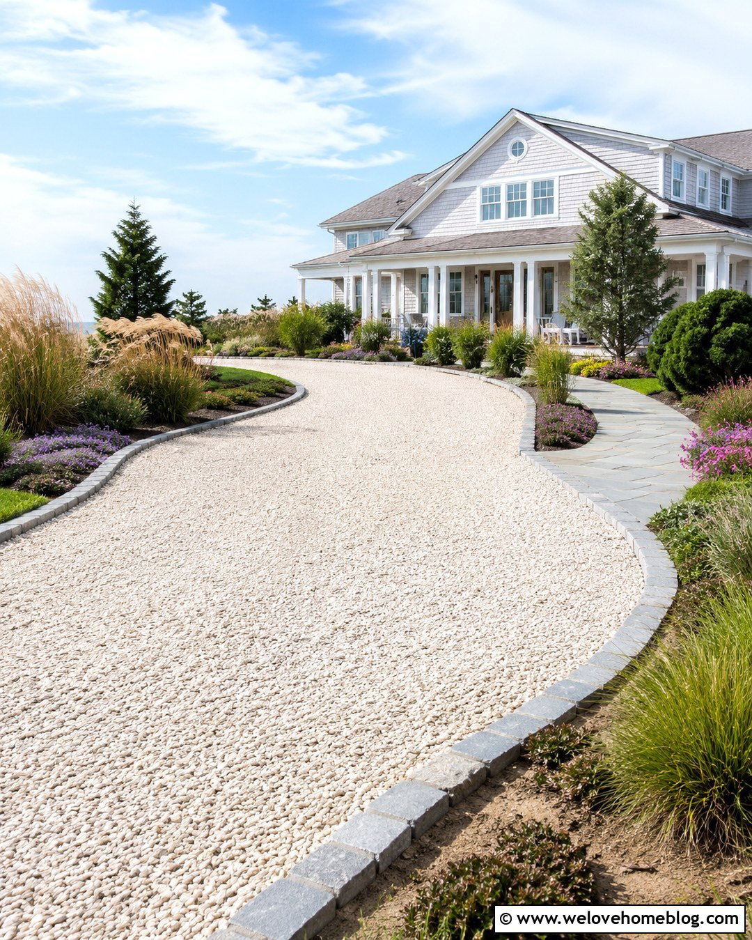 Coastal Driveway With Shell Gravel And Native Grasses - 20 Driveway Landscaping Before And After Ideas