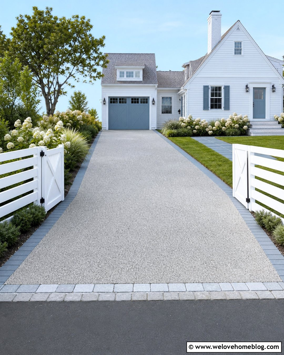 Coastal Driveway With White Fence And Blue Garage Doors - 20 Driveway Front Yard Fence Gate Garage Doors Ideas