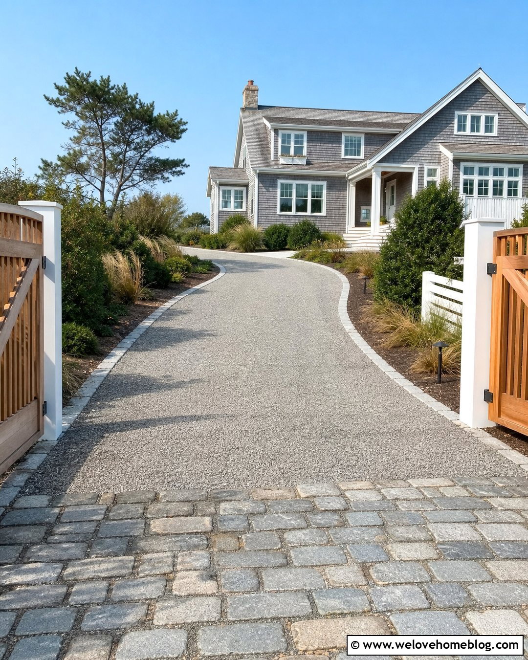 Coastal Gravel Driveway With Granite Cobblestone Apron - 20 Cobblestone And Gravel Driveway Ideas