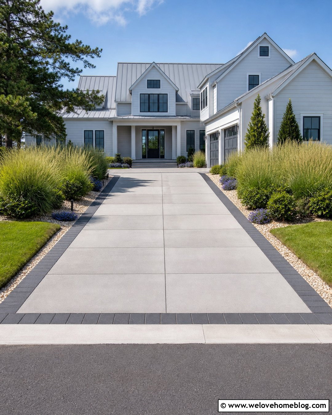 Coastal Gray Paver Driveway With Ornamental Grasses - 20 Coastal Driveway Landscaping Ideas