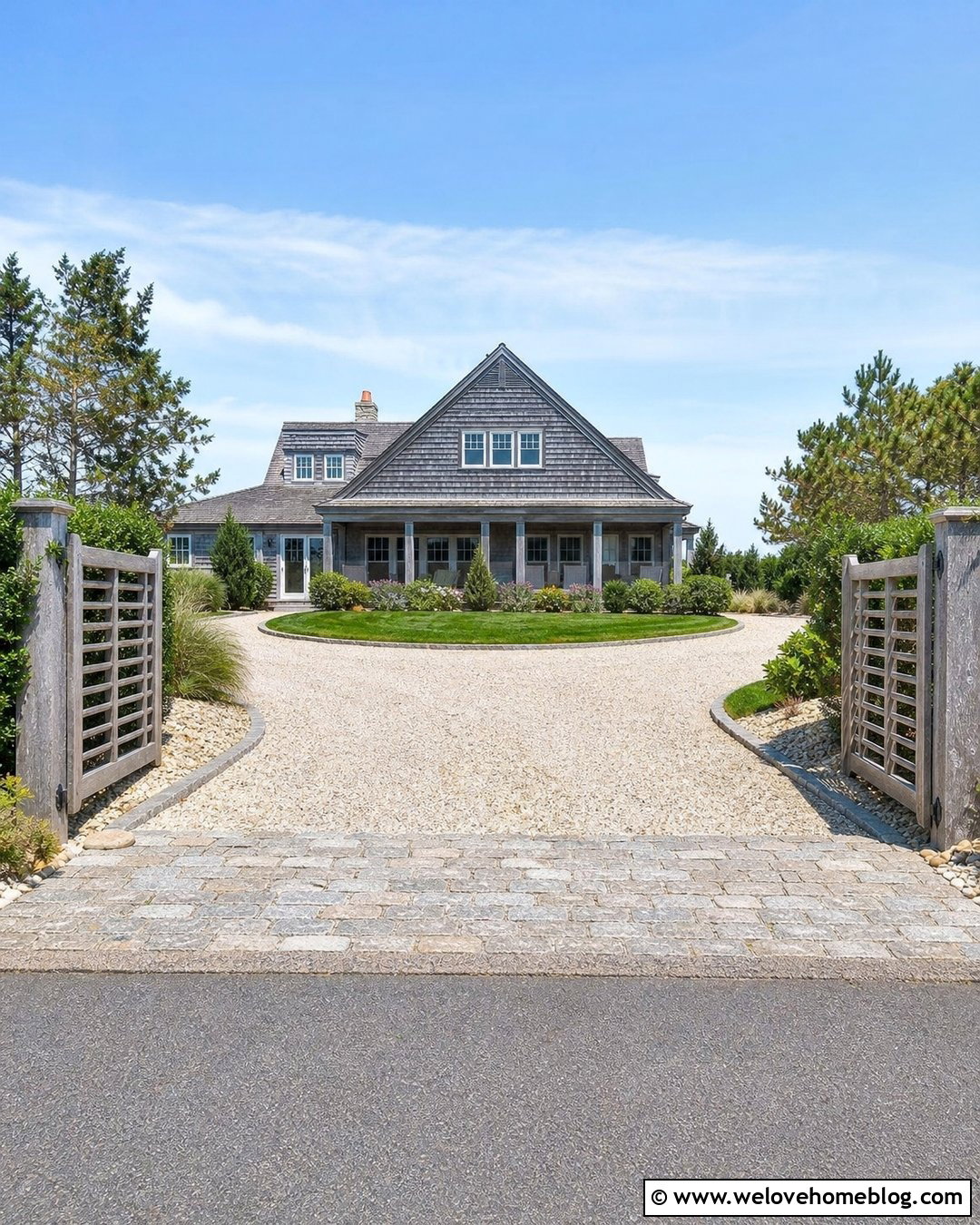 Coastal Oyster Shell Driveway With A Cedar Gate - 20 Coastal Driveway Landscaping Ideas