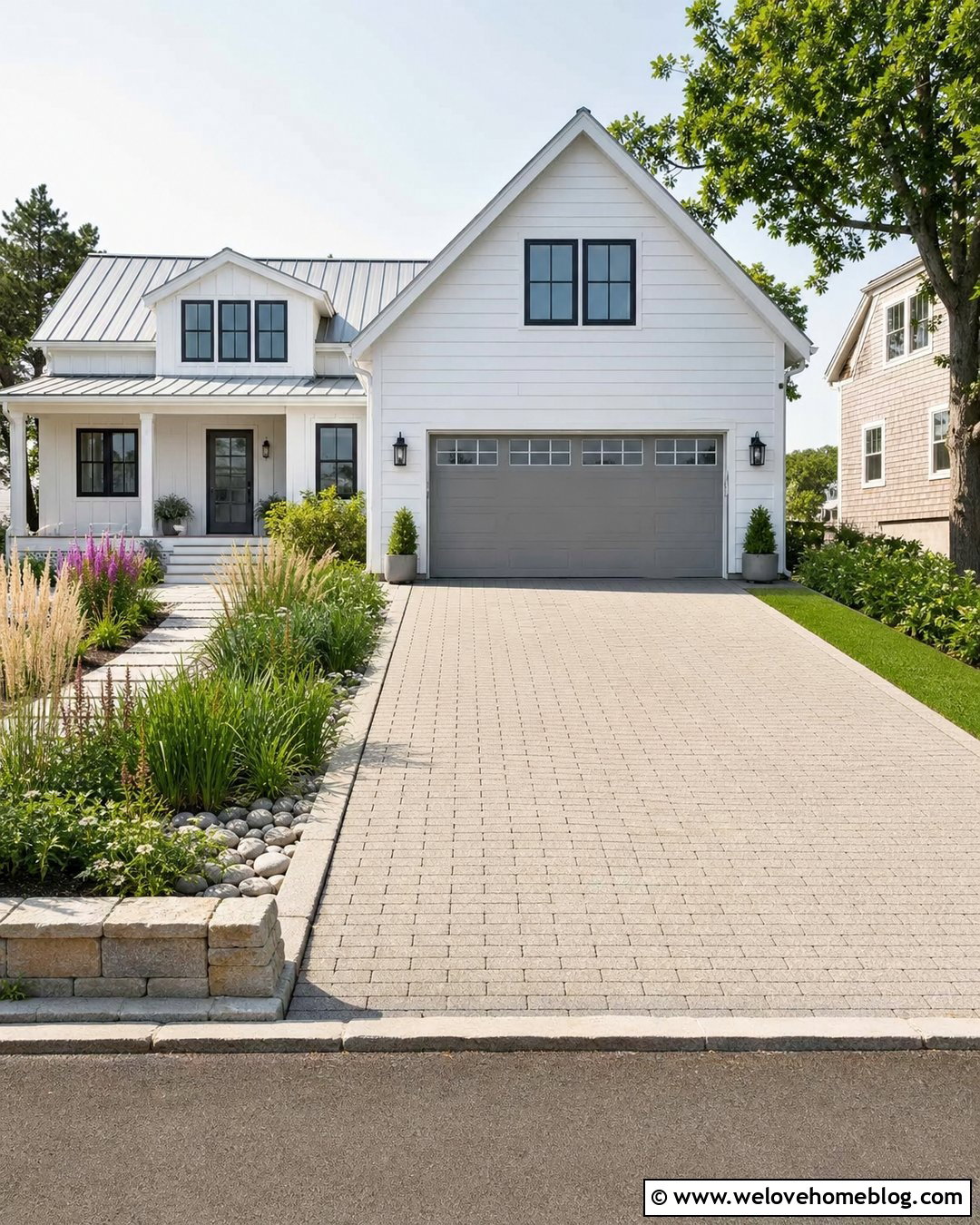Coastal Paver Driveway With A Rain Garden - 20 Coastal Driveway Landscaping Ideas