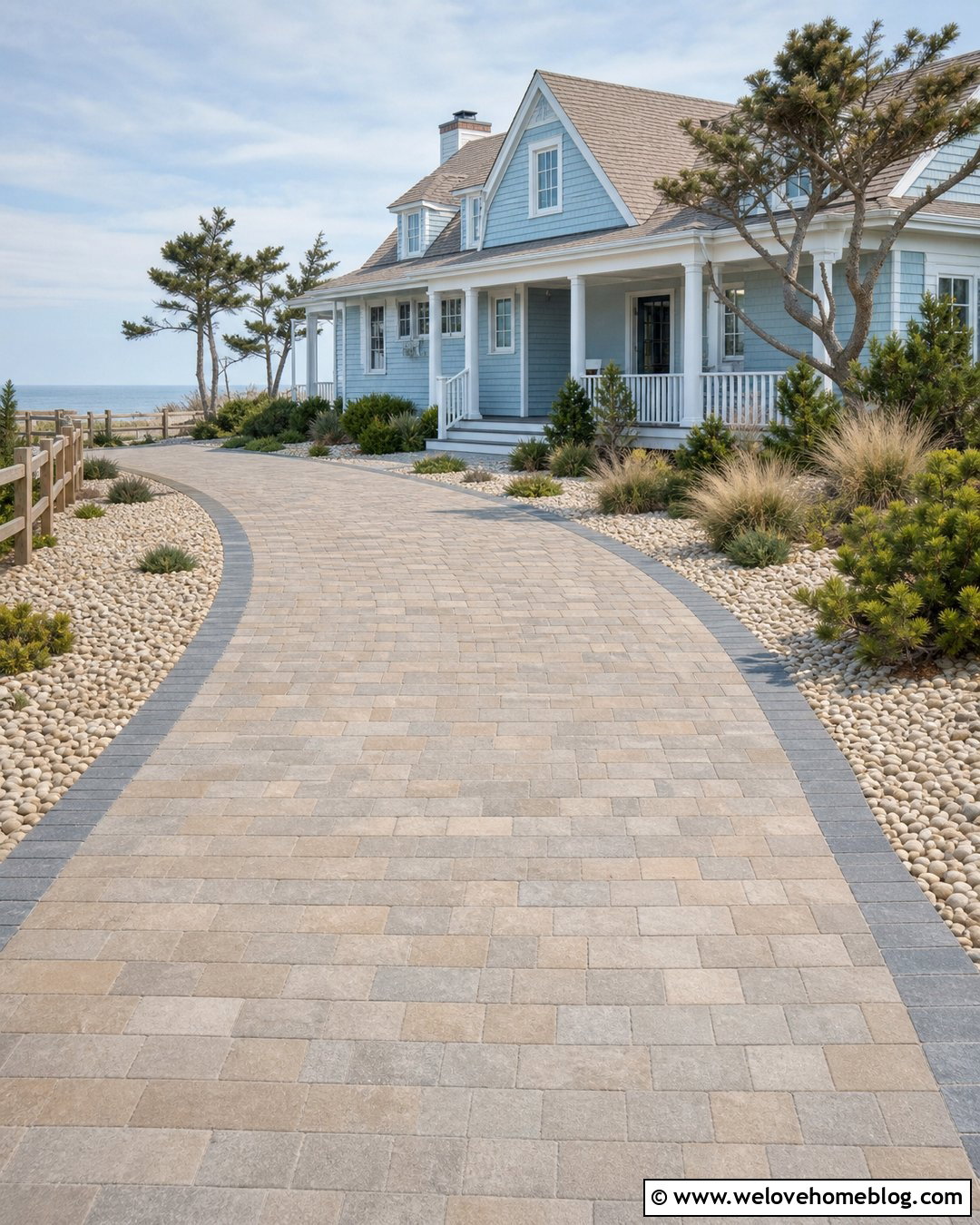 Coastal Paver Driveway With Beach Pebble Landscaping - 20 rock and paver driveway ideas