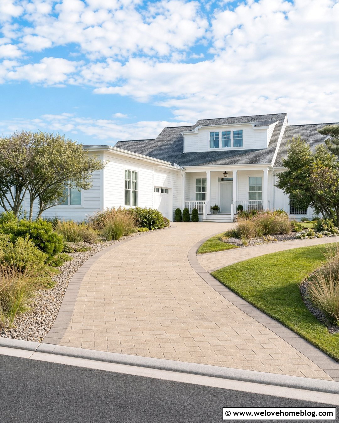 Coastal Permeable Concrete Driveway With Sand Tone Pavers - 20 Permeable Concrete Driveway Ideas