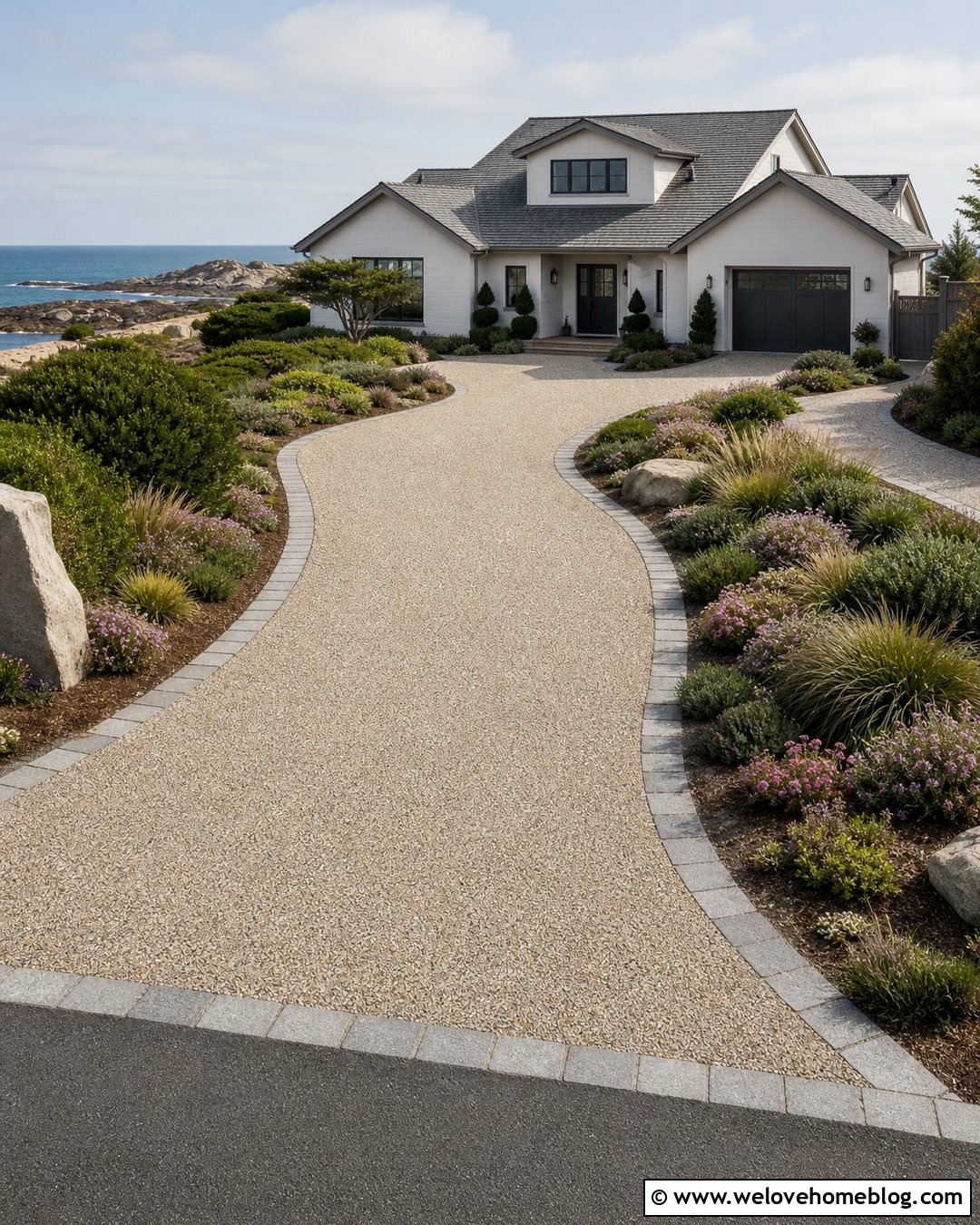Coastal Resin Driveway With Sea Thrift Borders - 20 Coastal Driveway Landscaping Ideas