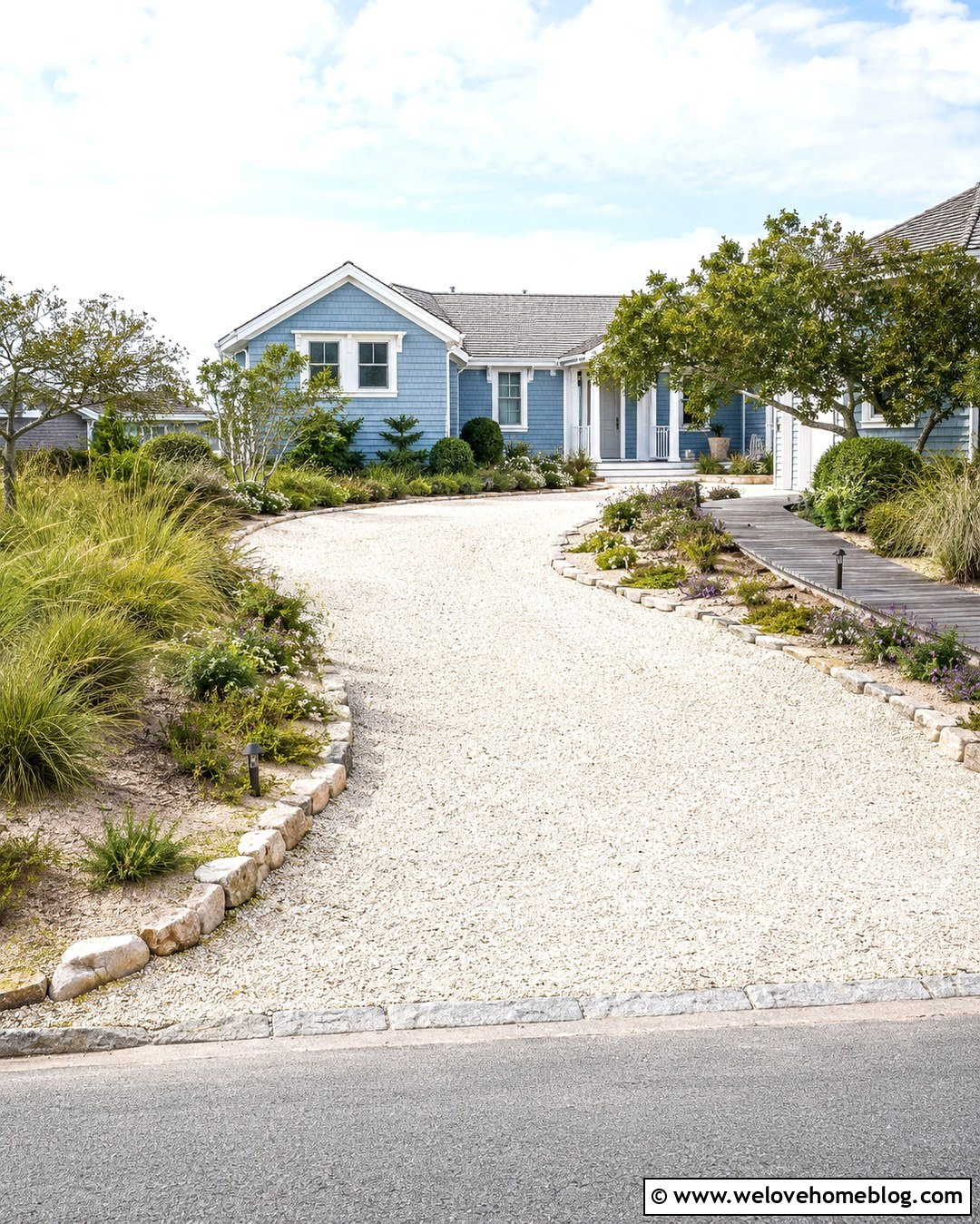 Coastal Shell Driveway With Native Grasses - 20 Summer Driveway View Ideas