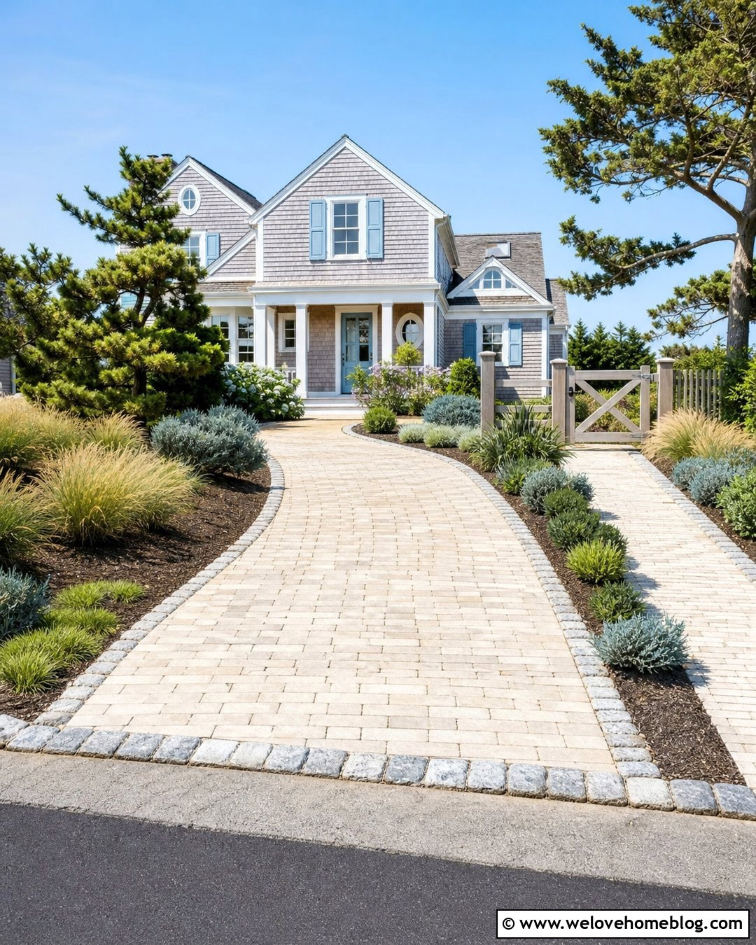 Coastal White Brick Driveway With Blue Green Landscaping - 20 White Brick Driveway Ideas