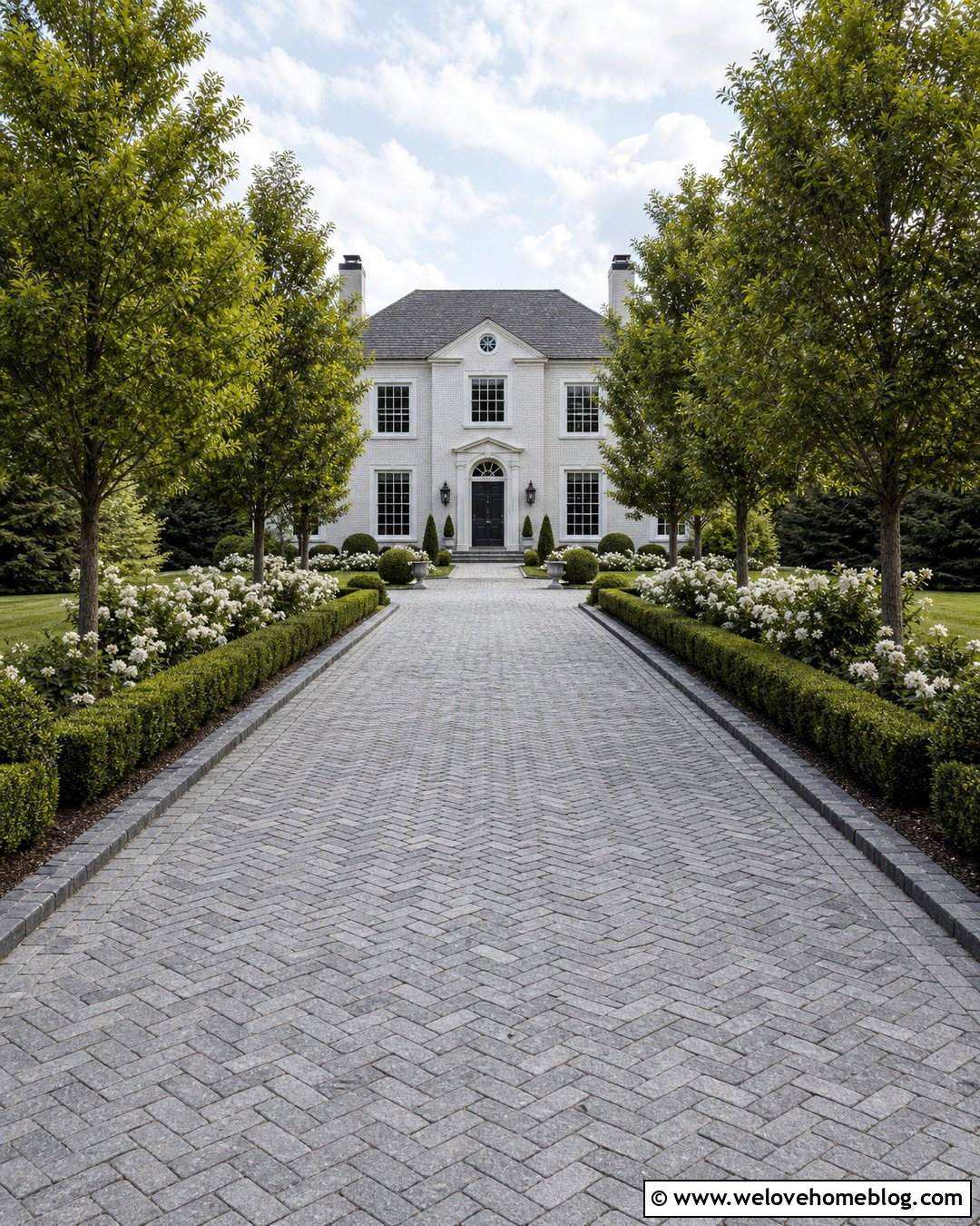 Cobbled Driveway With Boxwood Hedges - 35 Cobbled Driveway Ideas