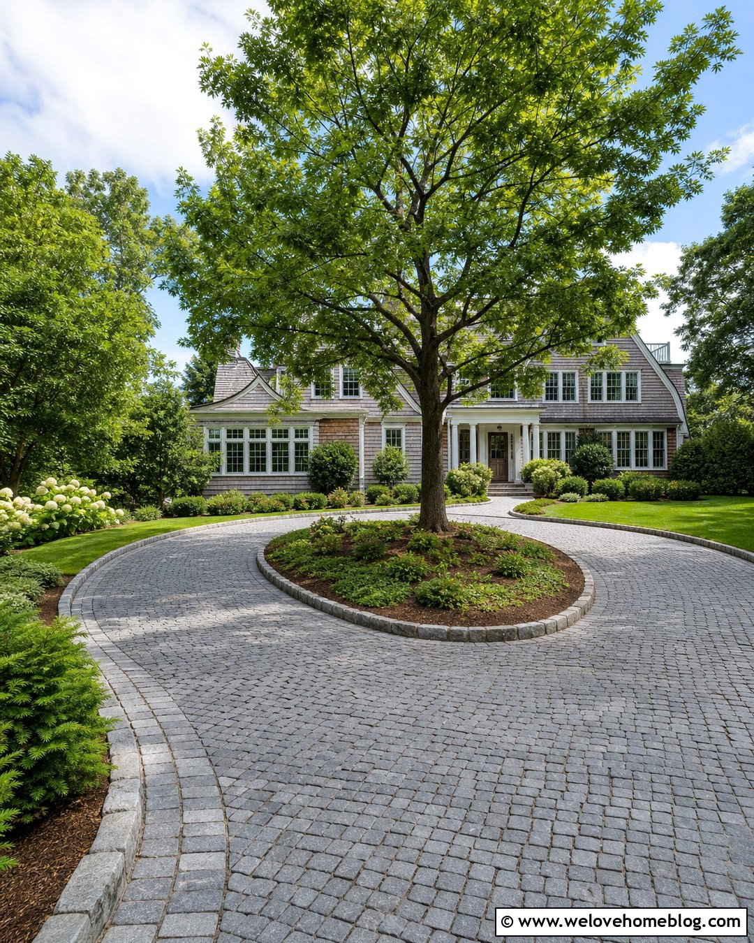 Cobbled Driveway With Central Tree - 35 Cobbled Driveway Ideas