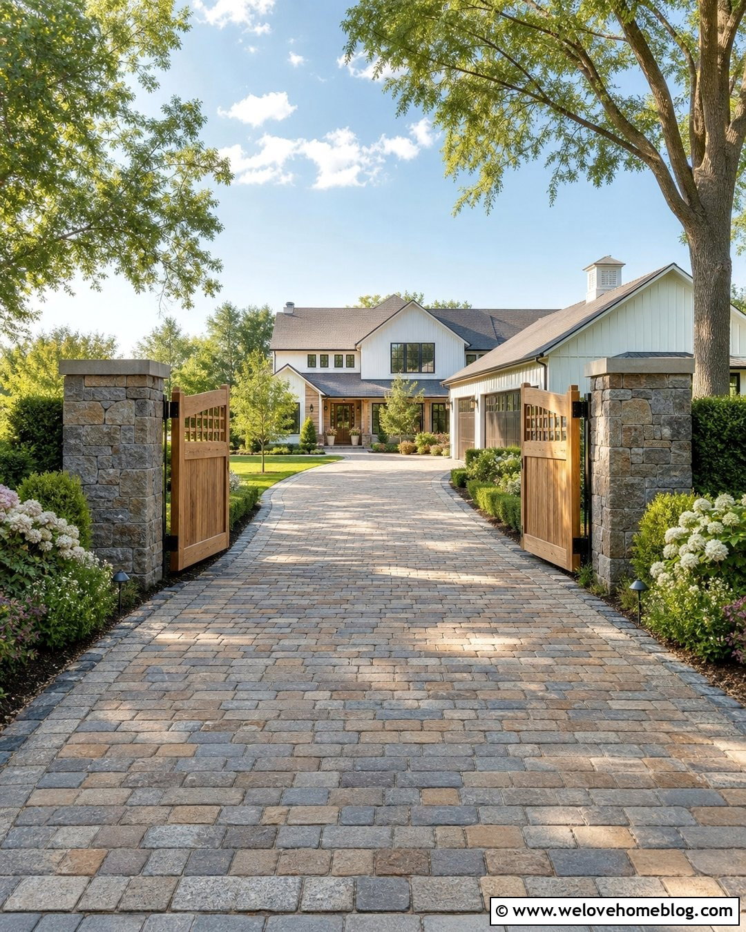 Cobbled Driveway With Wood Gate - 35 Cobbled Driveway Ideas