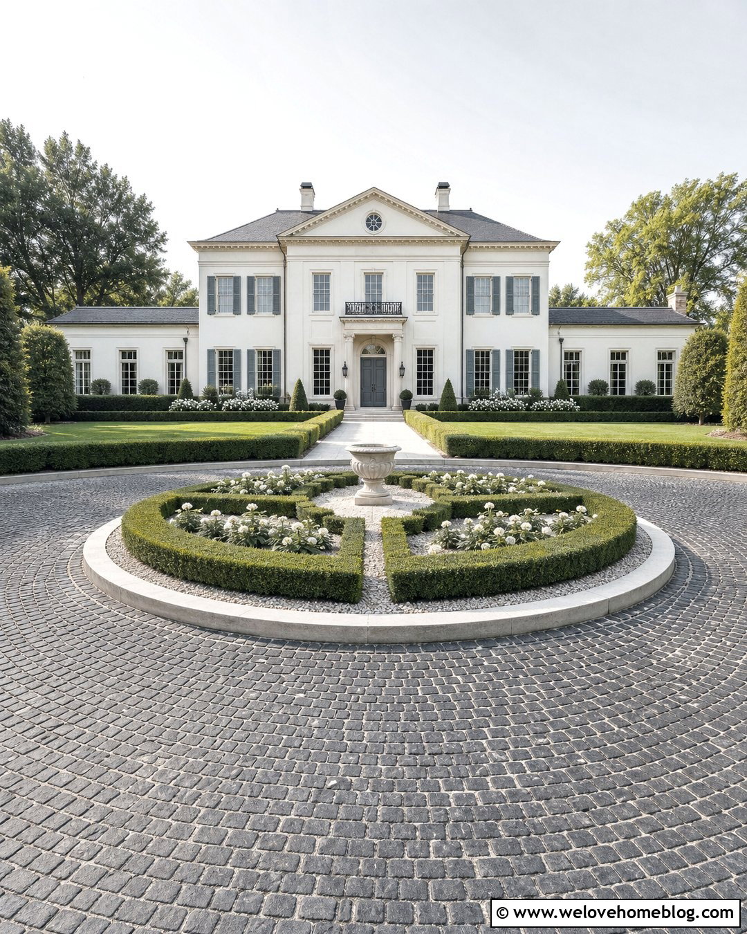 Cobblestone Circle Driveway With Formal Hedges - 40 circle driveway landscaping ideas