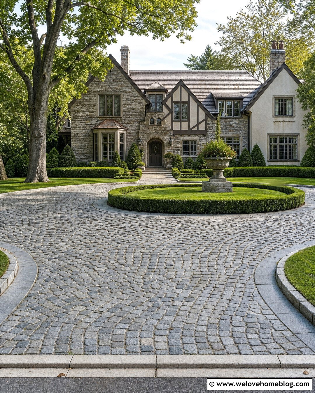 Cobblestone Circle Driveway With Formal Hedges - 20 Circle Driveway Design Ideas