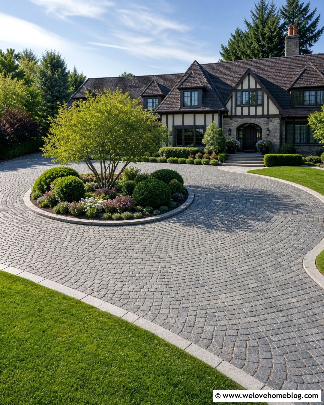 Cobblestone Circular Driveway With Central Garden - 20 Driveway Paving Ideas