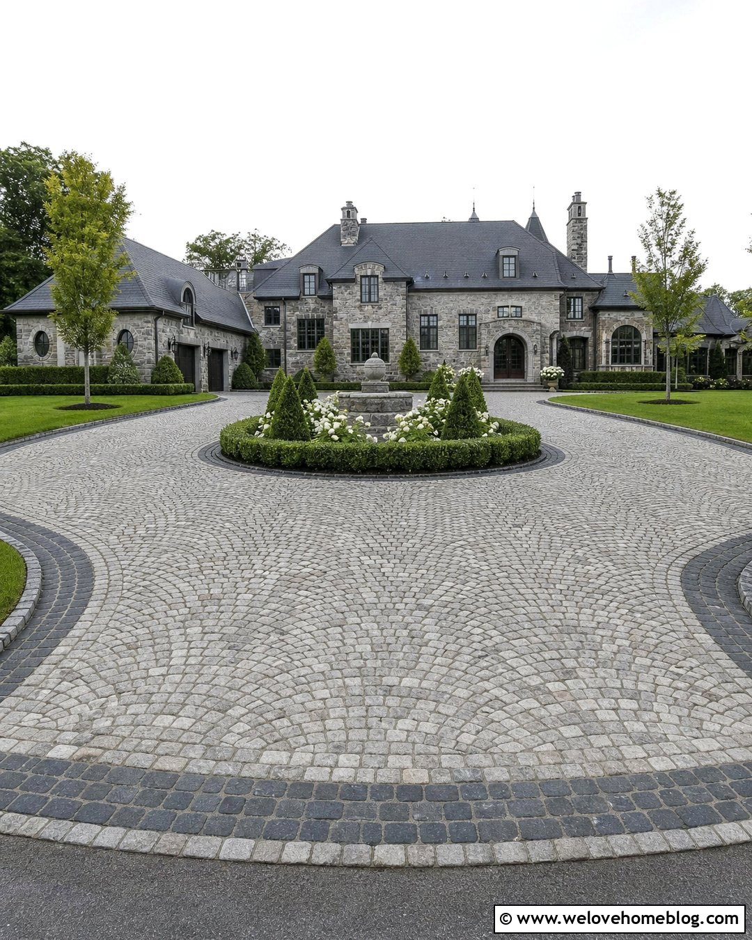 Cobblestone Circular Driveway With Formal Landscaping - 30 Circular Driveway Design Ideas