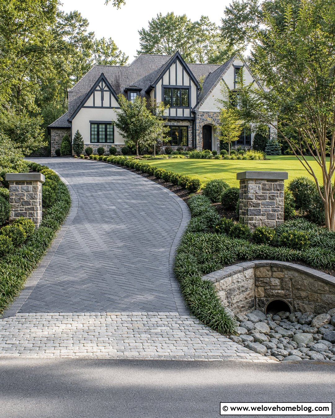 Cobblestone Driveway Culvert With Herringbone Pavers - 20 rocks around driveway culvert ideas