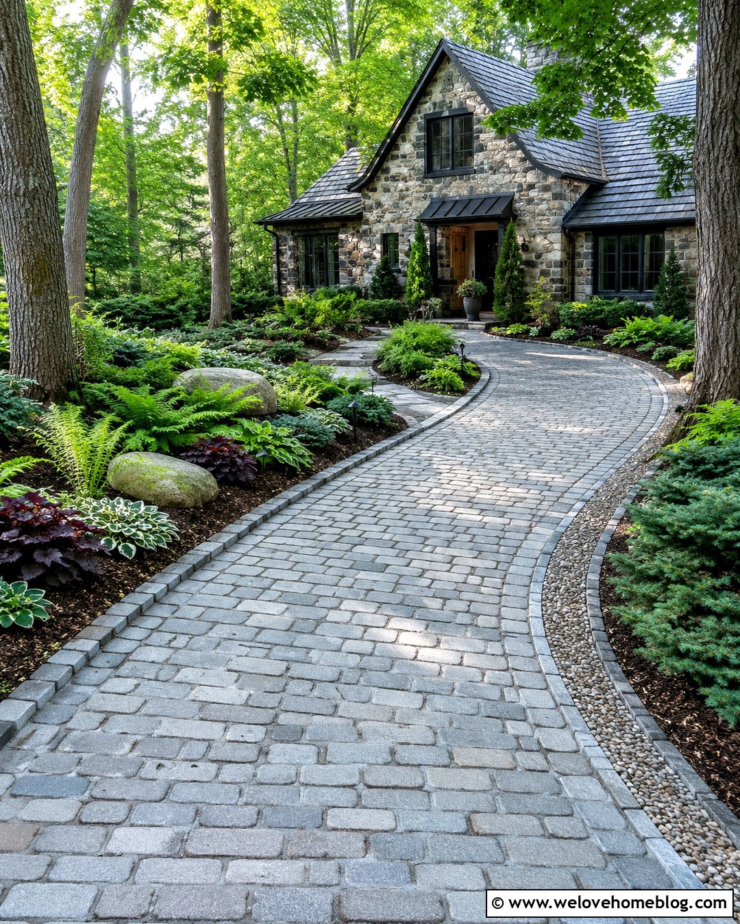 Cobblestone Driveway Edge With Ferns And Shade Plants - 20 landscaping driveway edge ideas