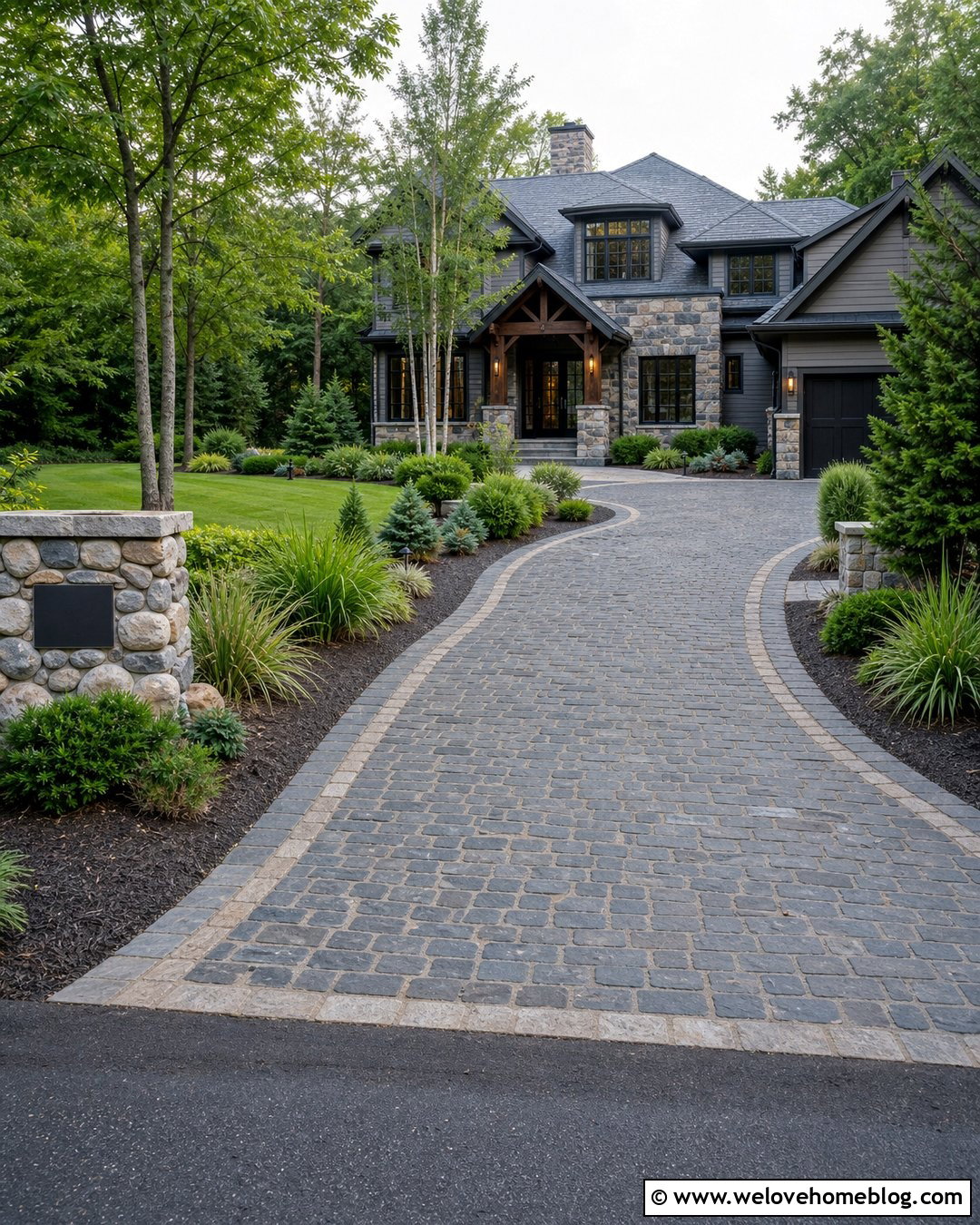 Cobblestone Driveway Entrance With Address Sign