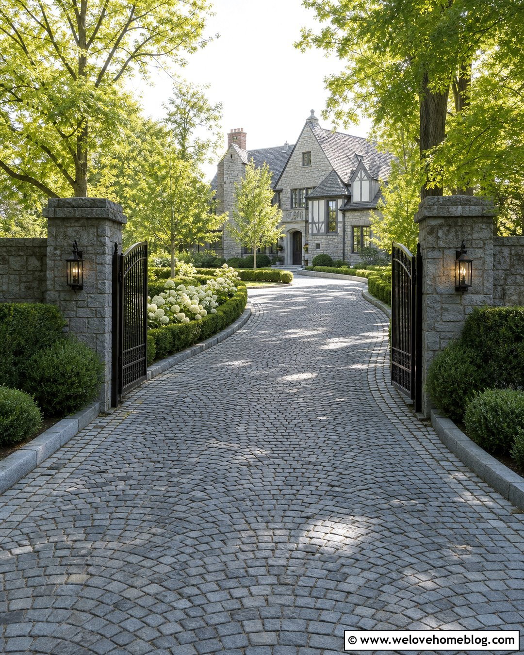 Cobblestone Driveway Entrance With Granite Pillars - 25 Luxury Driveway Entrance Ideas