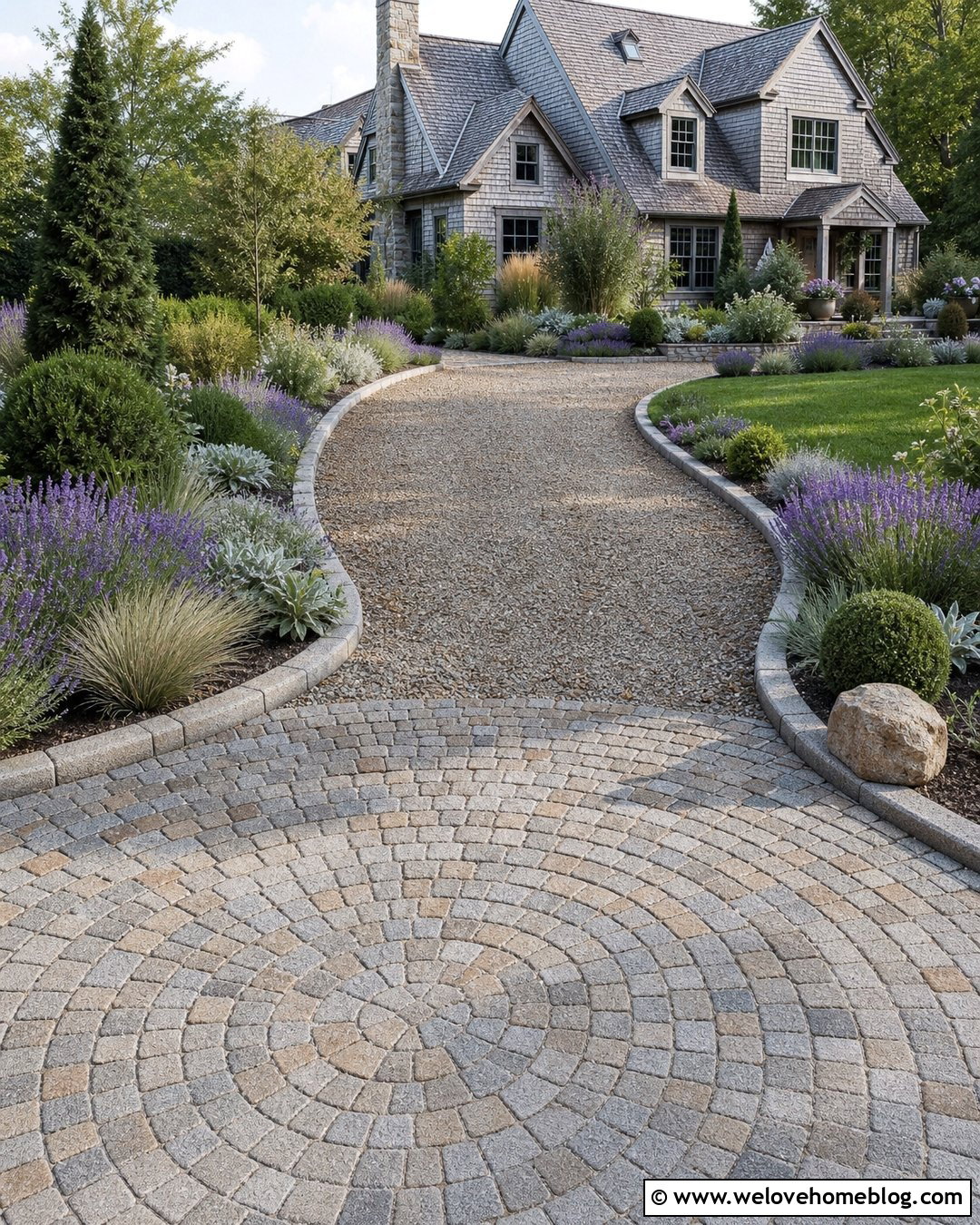 Cobblestone Driveway Entrance With Lavender - 30 Cobble Stone Driveway Entrance Ideas