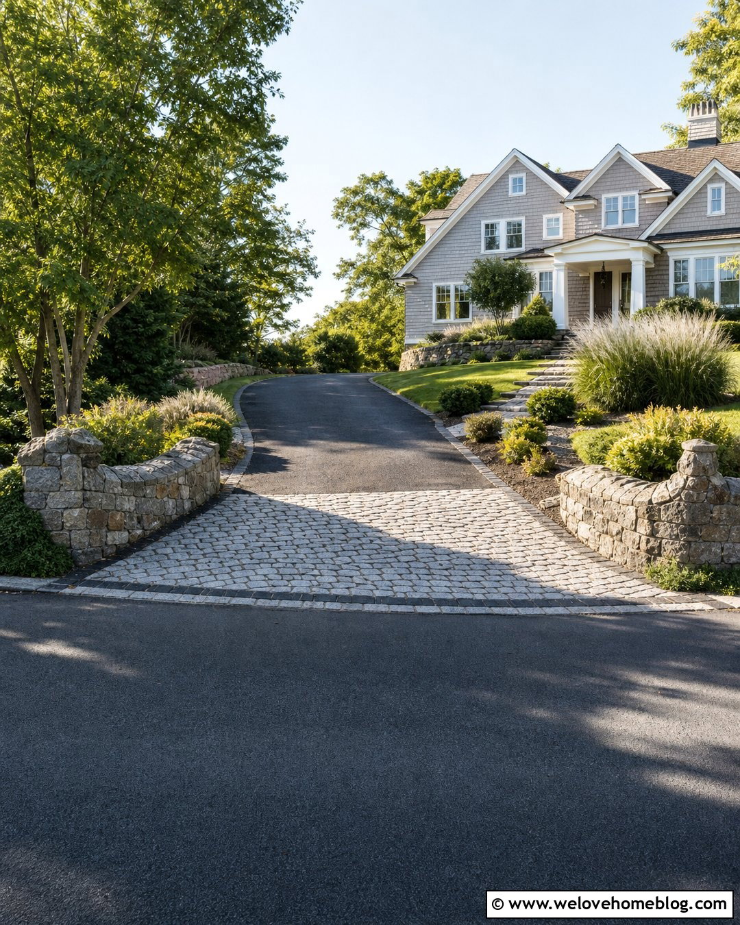 Cobblestone Driveway Entrance With Low Stone Walls - 30 Cobble Stone Driveway Entrance Ideas