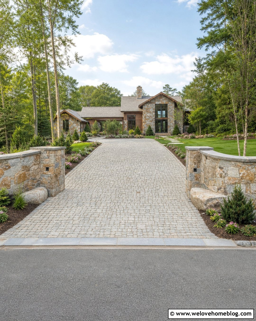 Cobblestone Driveway Entrance With Low Stone Walls - 20 Cobblestone Driveway Entrance Ideas
