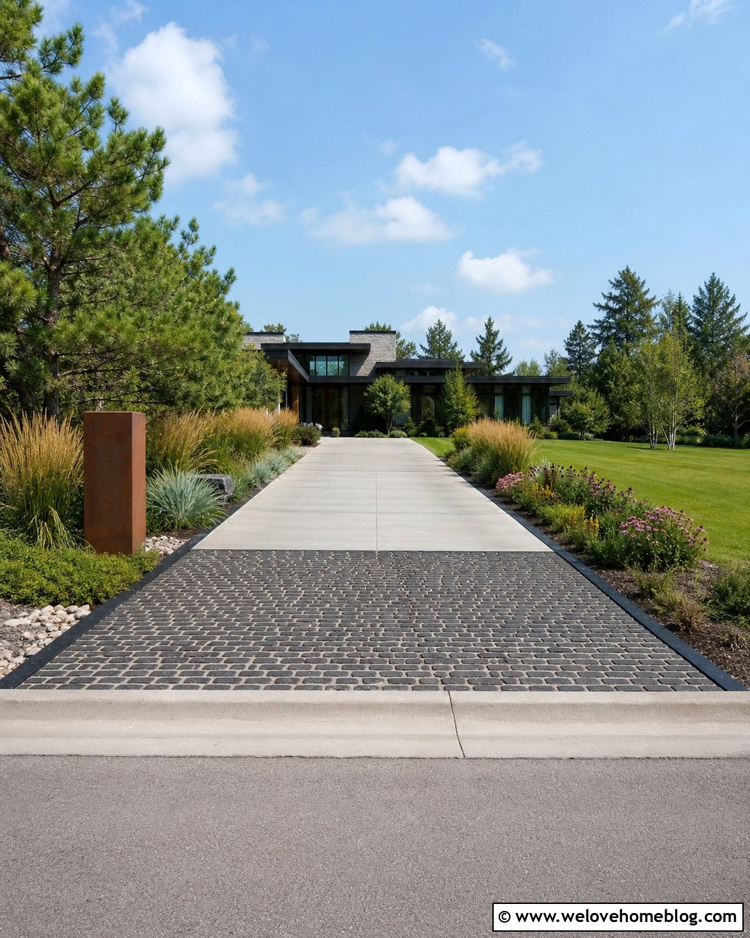 Cobblestone Driveway Entrance With Native Grasses - 30 Cobble Stone Driveway Entrance Ideas
