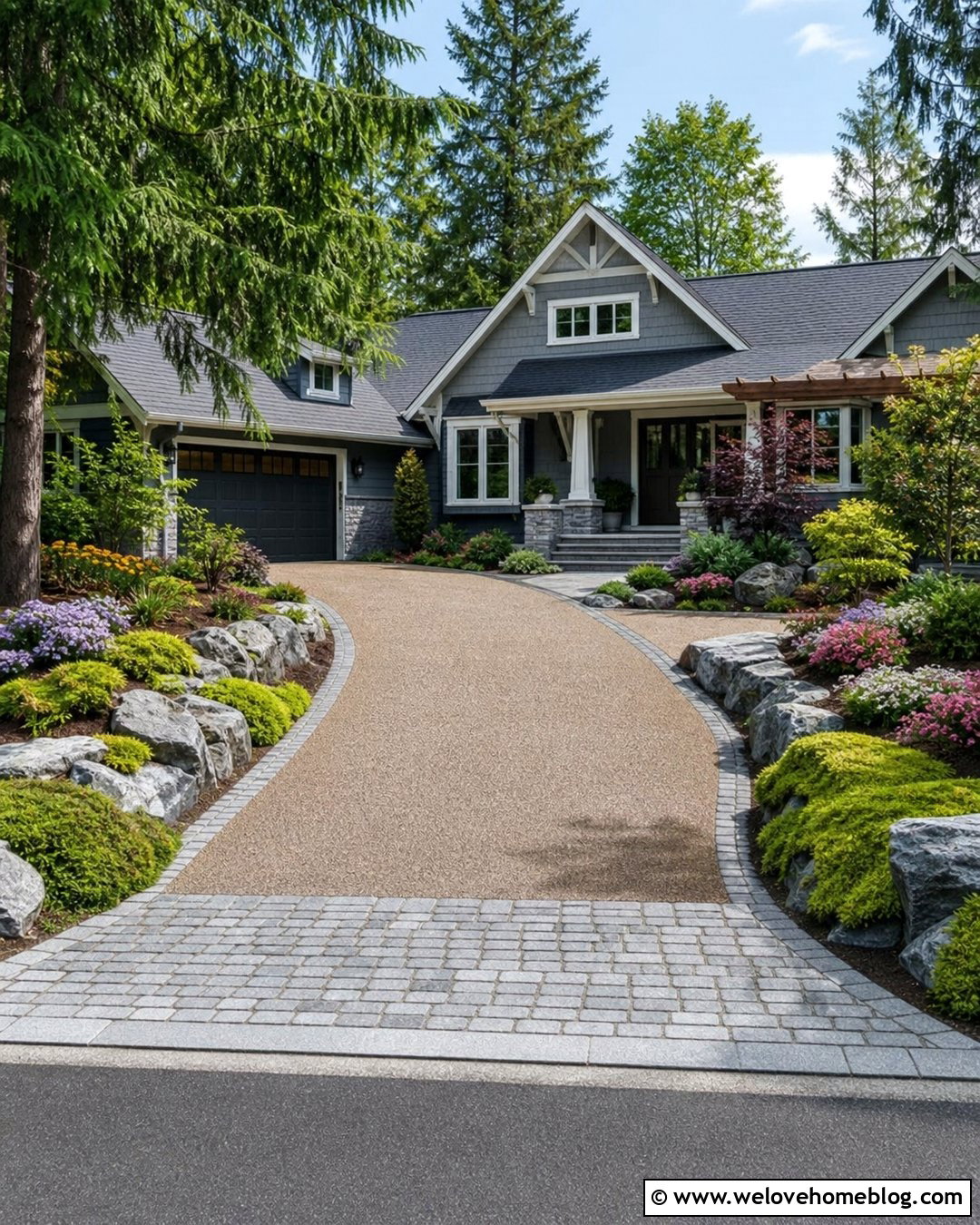 Cobblestone Driveway Entrance With Rock Garden Beds - 20 driveway entrance landscaping rocks ideas
