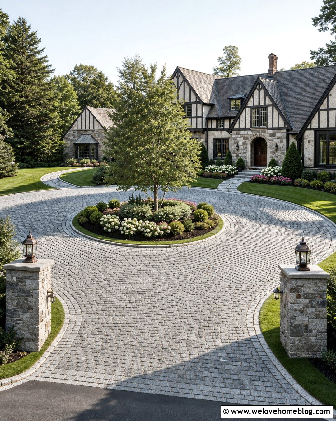 Cobblestone Driveway Posts With Circular Driveway - 20 Driveway Posts Entrance Ideas
