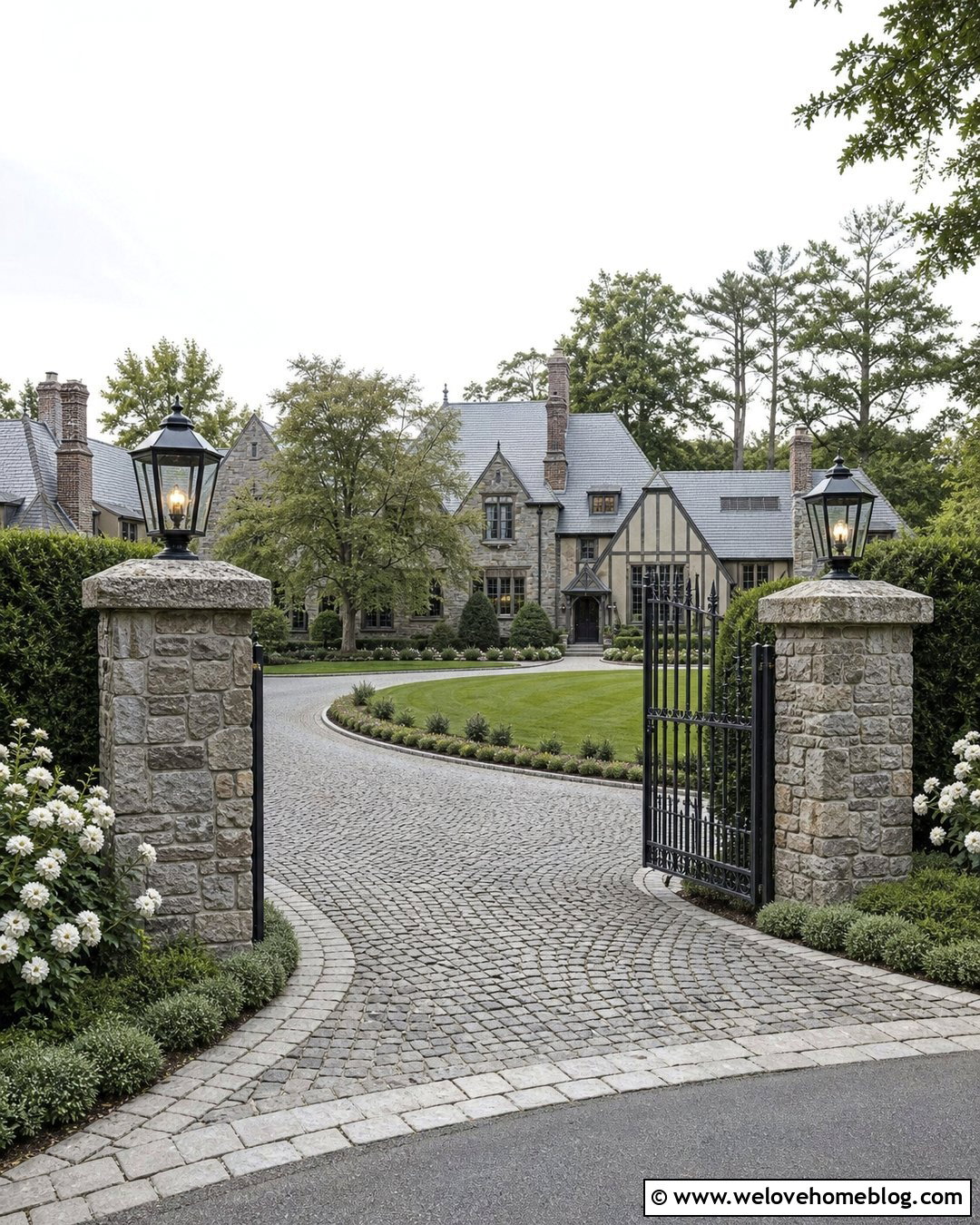 Cobblestone Driveway Posts With Iron Gate - 20 end of driveway post ideas