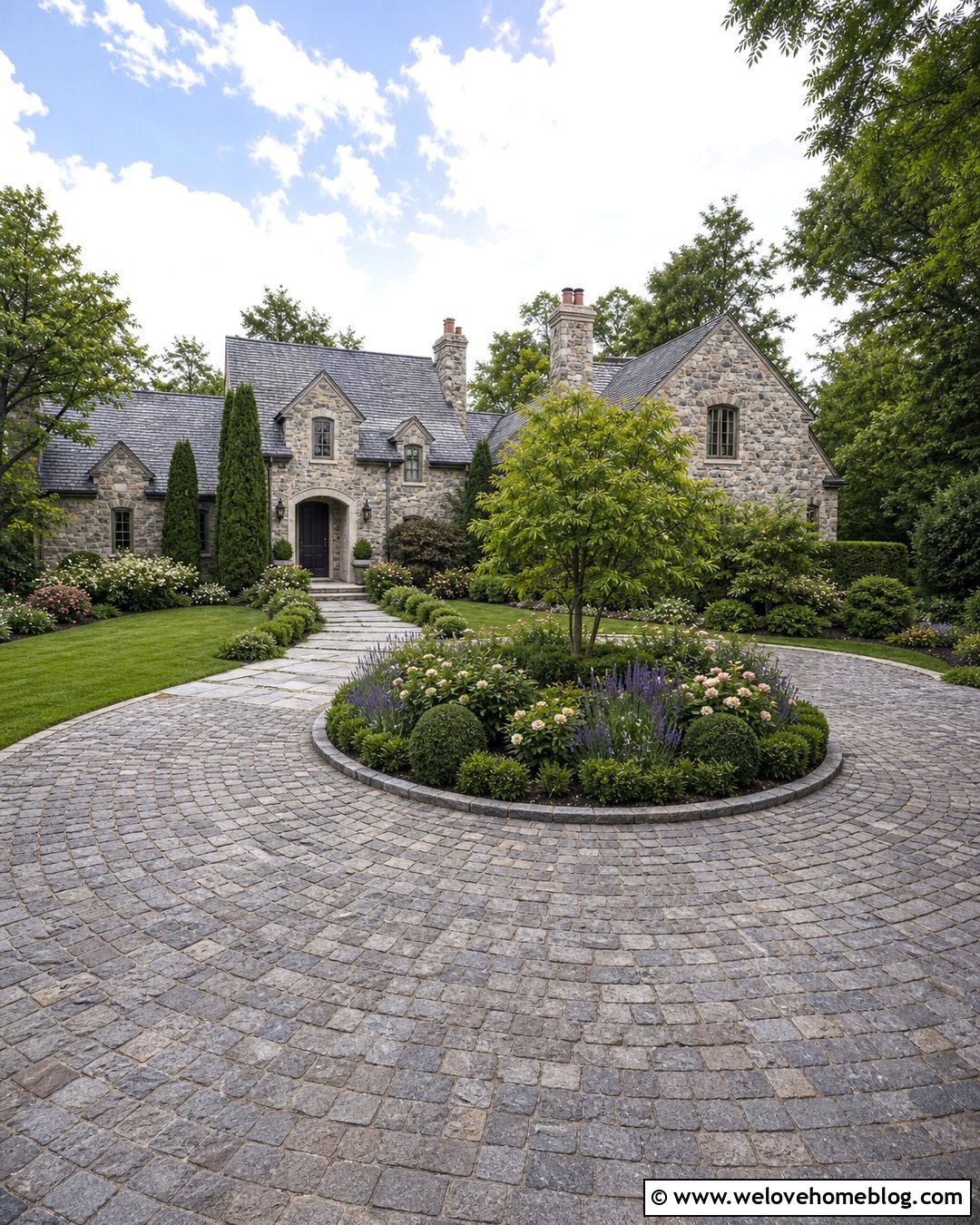 Cobblestone Driveway Roundabout With a Garden Island - 25 driveway roundabout ideas