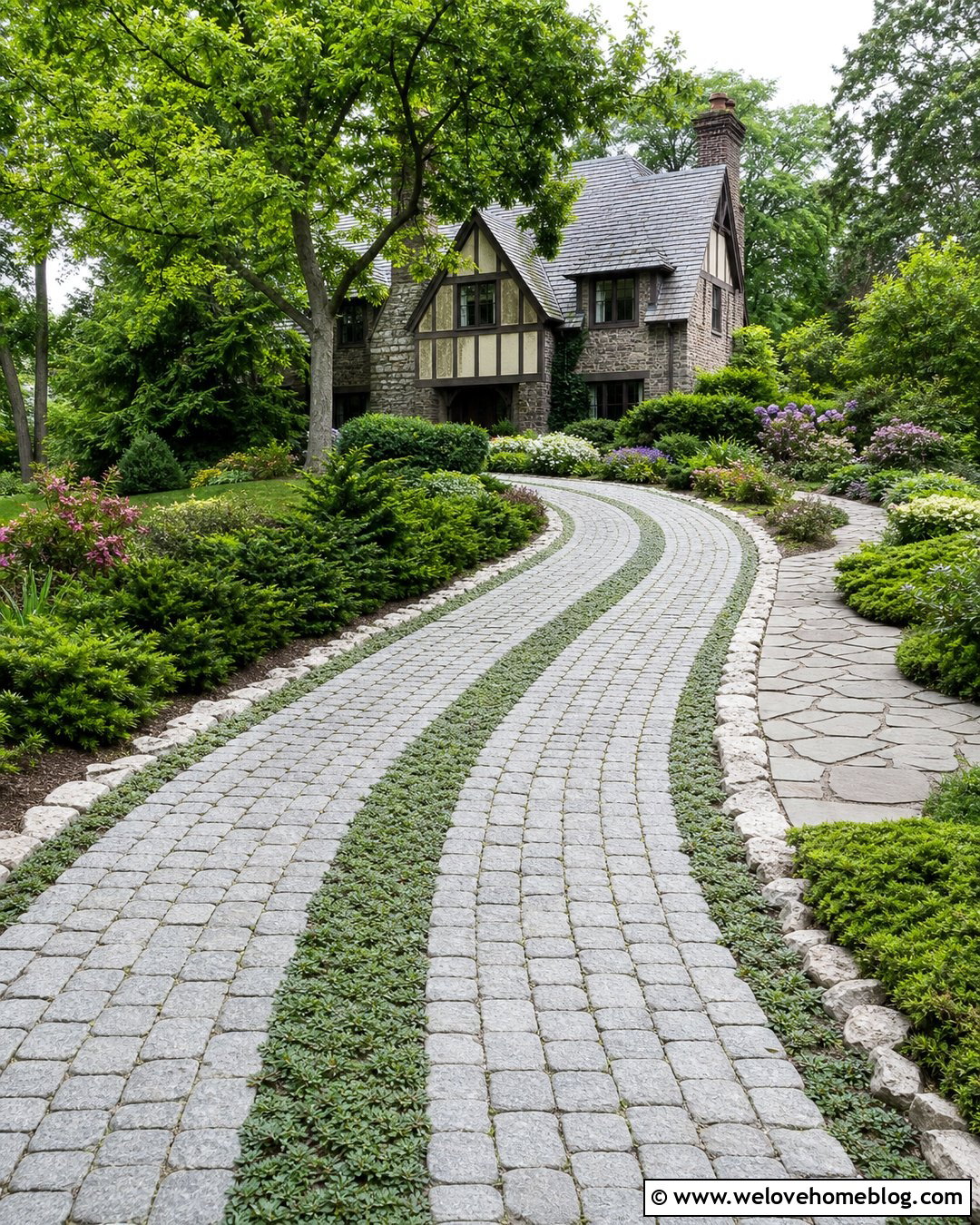 Cobblestone Driveway Strips With Creeping Thyme - 20 Driveway Strip Ideas